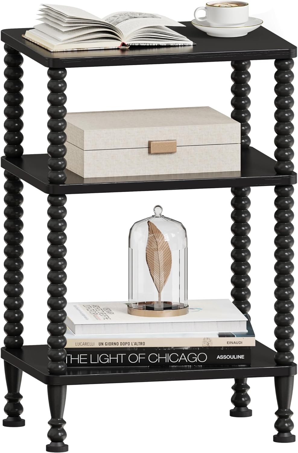Side Table, 3-Tier Small End Table, Tall Accent Table with Storage Shelf for Small Spaces, Bedroom, Living Room, Farmhouse, Black