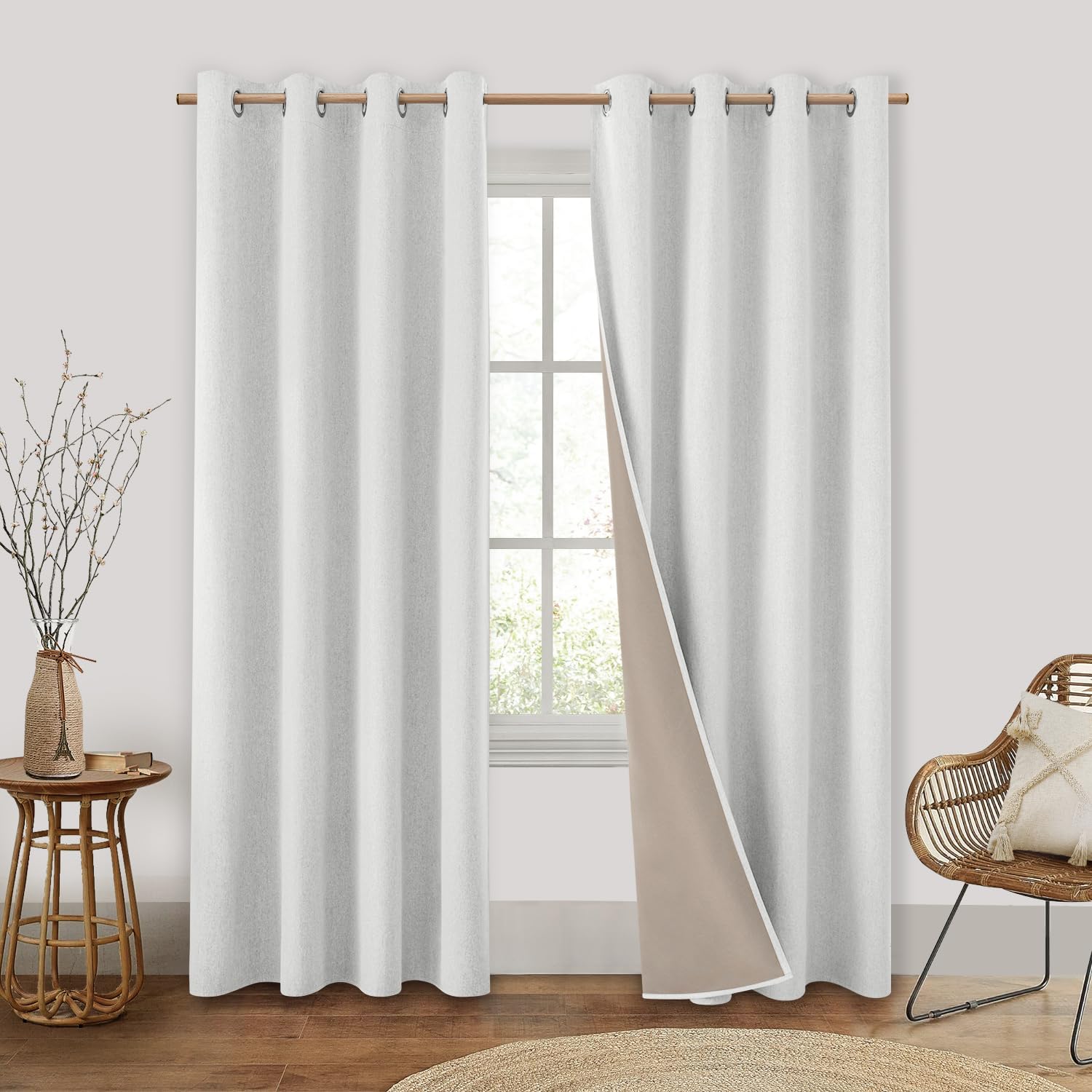 HOMEIDEAS 100% Blackout Curtains 2 Panels Ivory Linen Room Darkening Curtains 52 X 84 Inches Thermal Insulated Grommet Window Drapes with Liner for