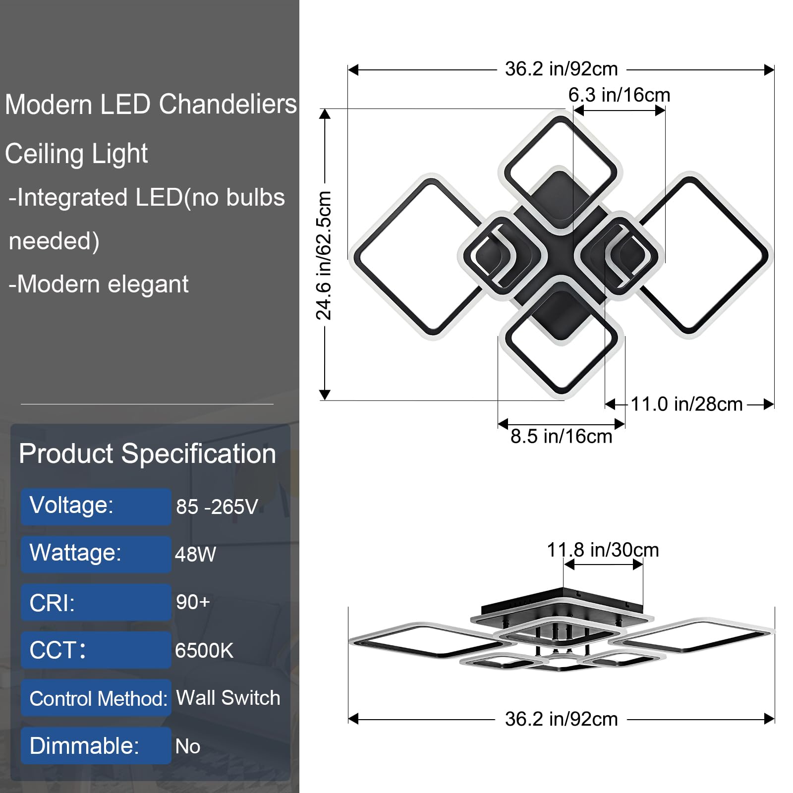 OKELI Moderne LED led Deckenleuchte, 48W Schwarze Deckenlampe mit 7 quadratischem Acryl-Design, Große Kronleuchter Deckenleuchten für Wohnzimmer, Schlafzimmer und Küche, 6000K