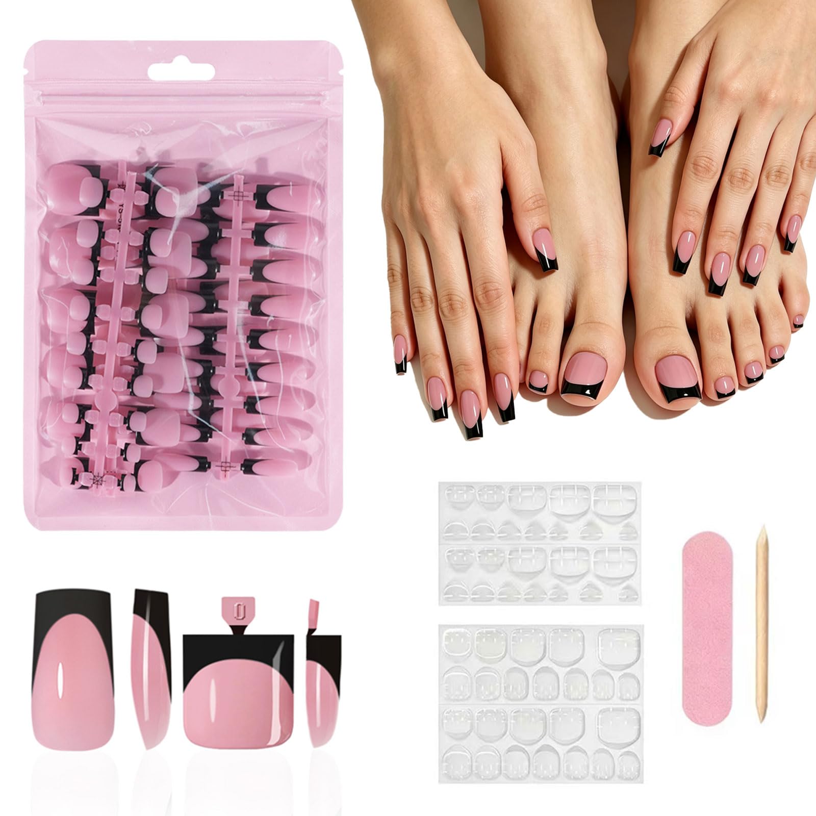 Lot de 30 ongles à presser brillants 2 en 1 - 30 ongles d'orteils à presser + 30 presses à ongles de doigts - Prêts à porter - Pointes françaises carrées noires avec kit d'outils, manucure et