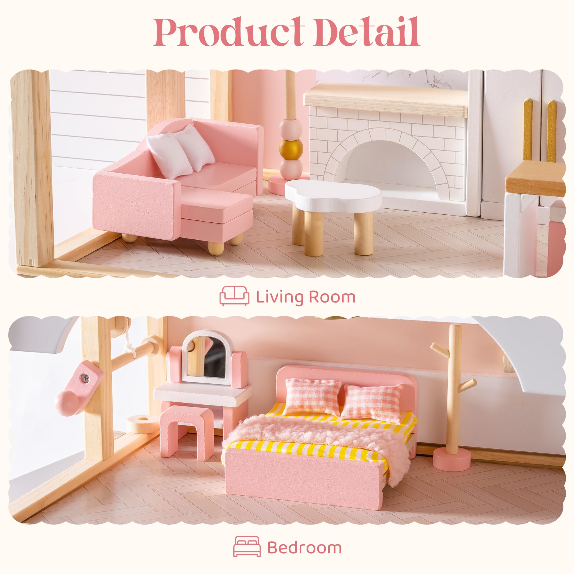 ROBUD Juego de Muebles de Madera para casa de muñecas, 28 Piezas, Accesorios para casa de muñecas, Dormitorio, Cocina, salón, baño, Comedor, Regalo Rosa para niños