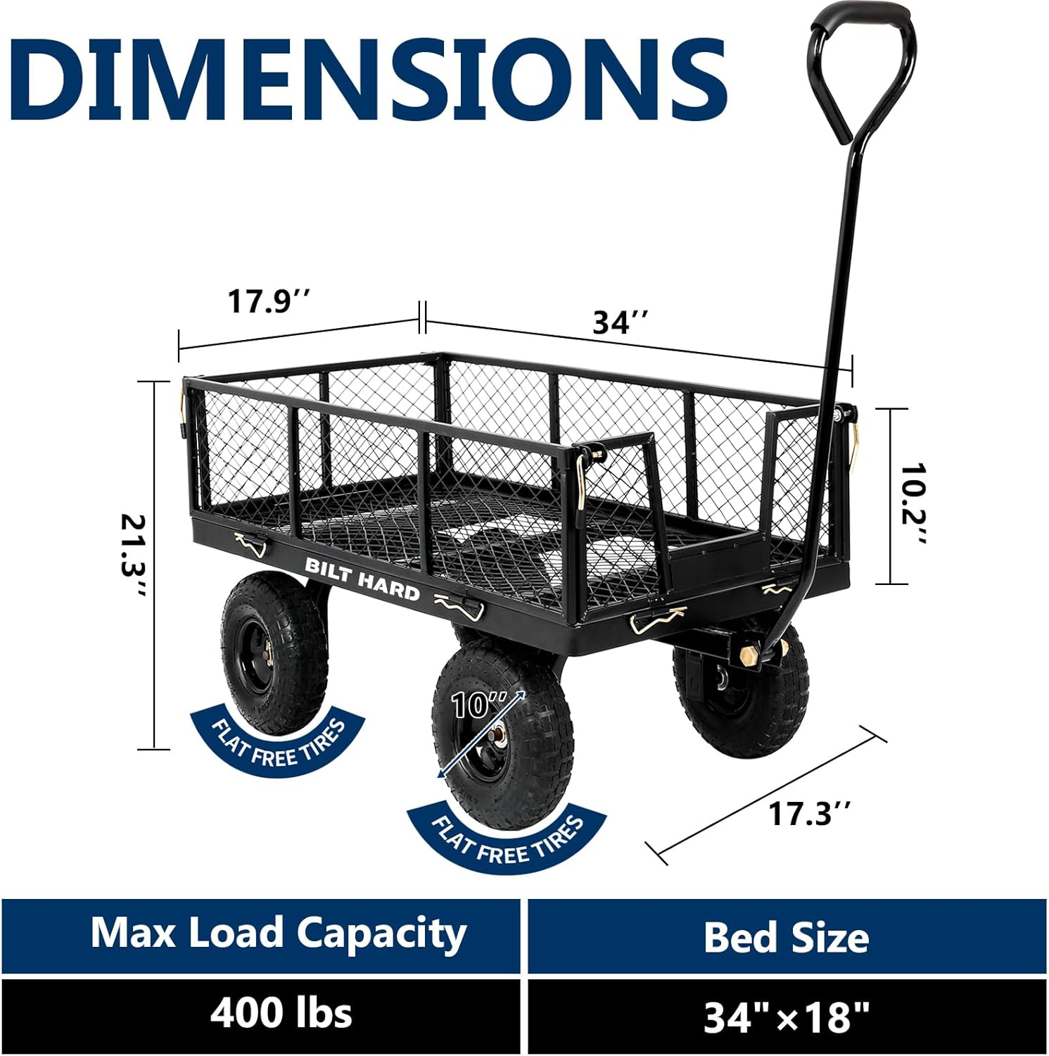 BILT HARD 400 lbs 10" Rubber Tires Steel Garden Cart with 180° Rotating Handle and Removable Sides, 4 Cu.Ft Capacity Utility Heavy Duty Garden Carts and Wagons