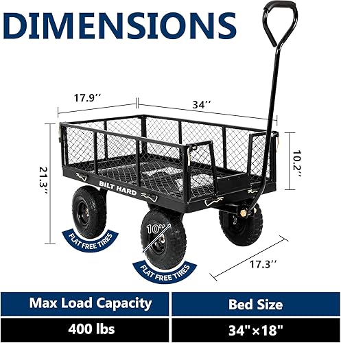 Vista 14 de BILT HARD 10" Flat Free Tires Heavy Duty Garden Cart with 180° Rotating Handle and Removable Sides, 4 Cu.Ft 880 lbs Capacity Utility Steel Wagons