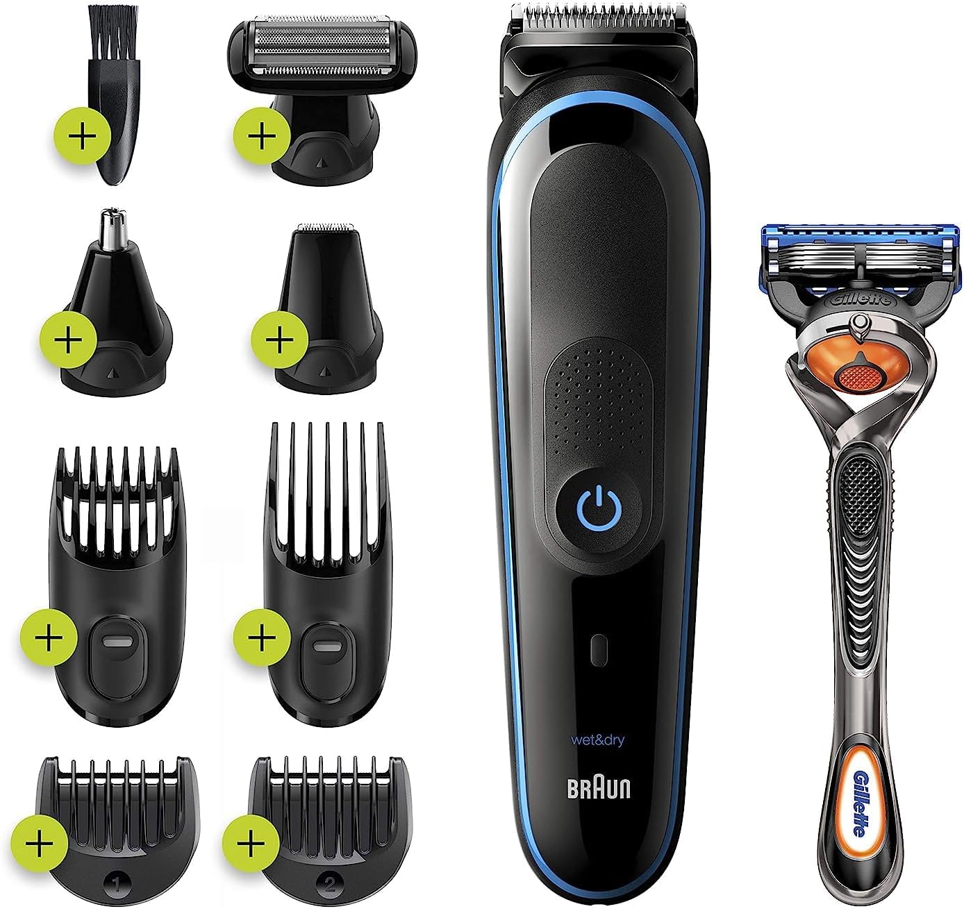 Braun Hair Clippers for Men 9-in-1 Beard, Ear and Nose Trimmer, Mens Grooming Kit, Body Groomer, Cordless & Rechargeable with Gillette ProGlide Razor, Black/Blue