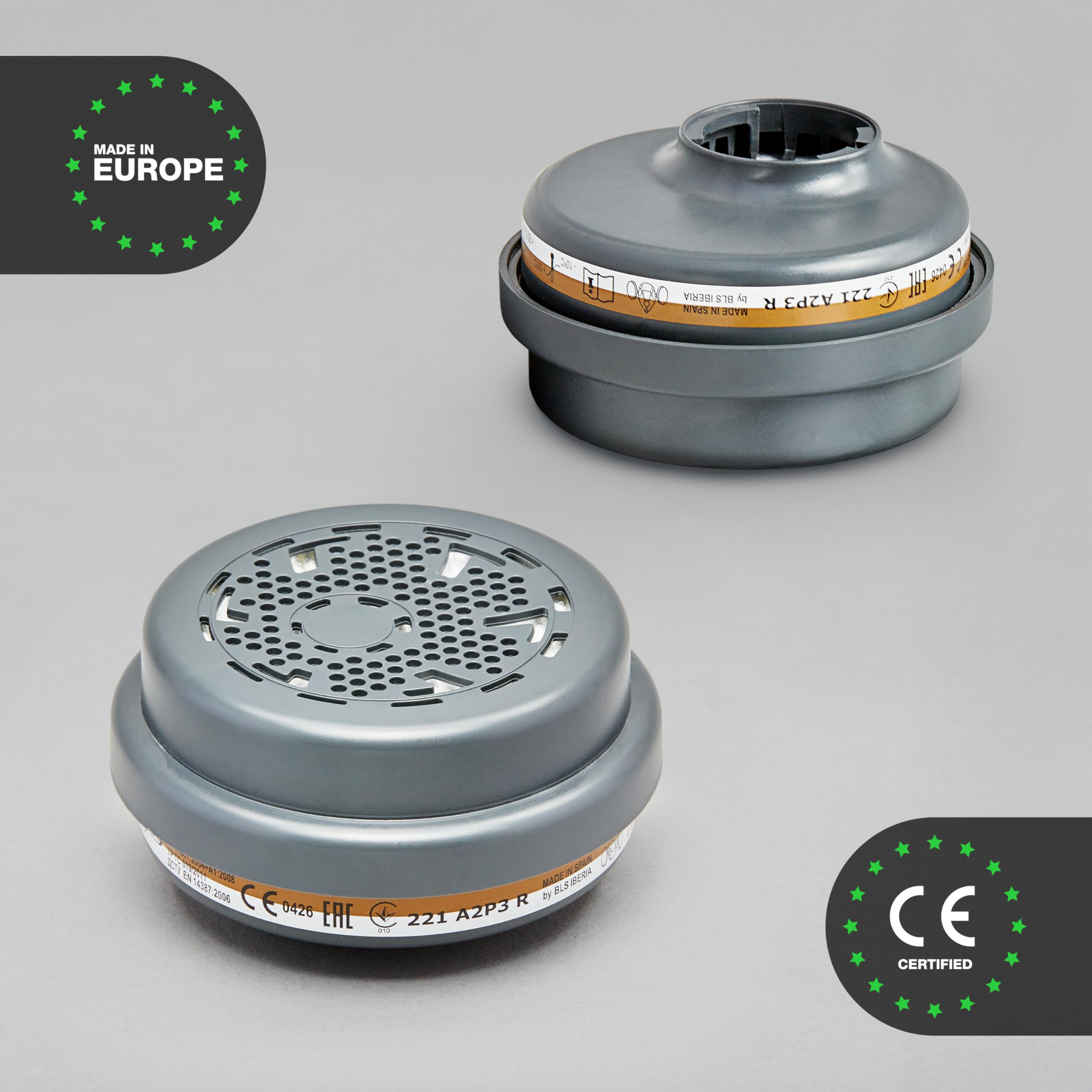 BLS 221 A2P3 R D Filtri Sostituibili con Attacco a Baionetta b-lock, Compatibili con Semimaschere e Maschere Intere BLS. Per Gas/Vapori, Polveri, Verniciatura, Stuccatura e Solventi