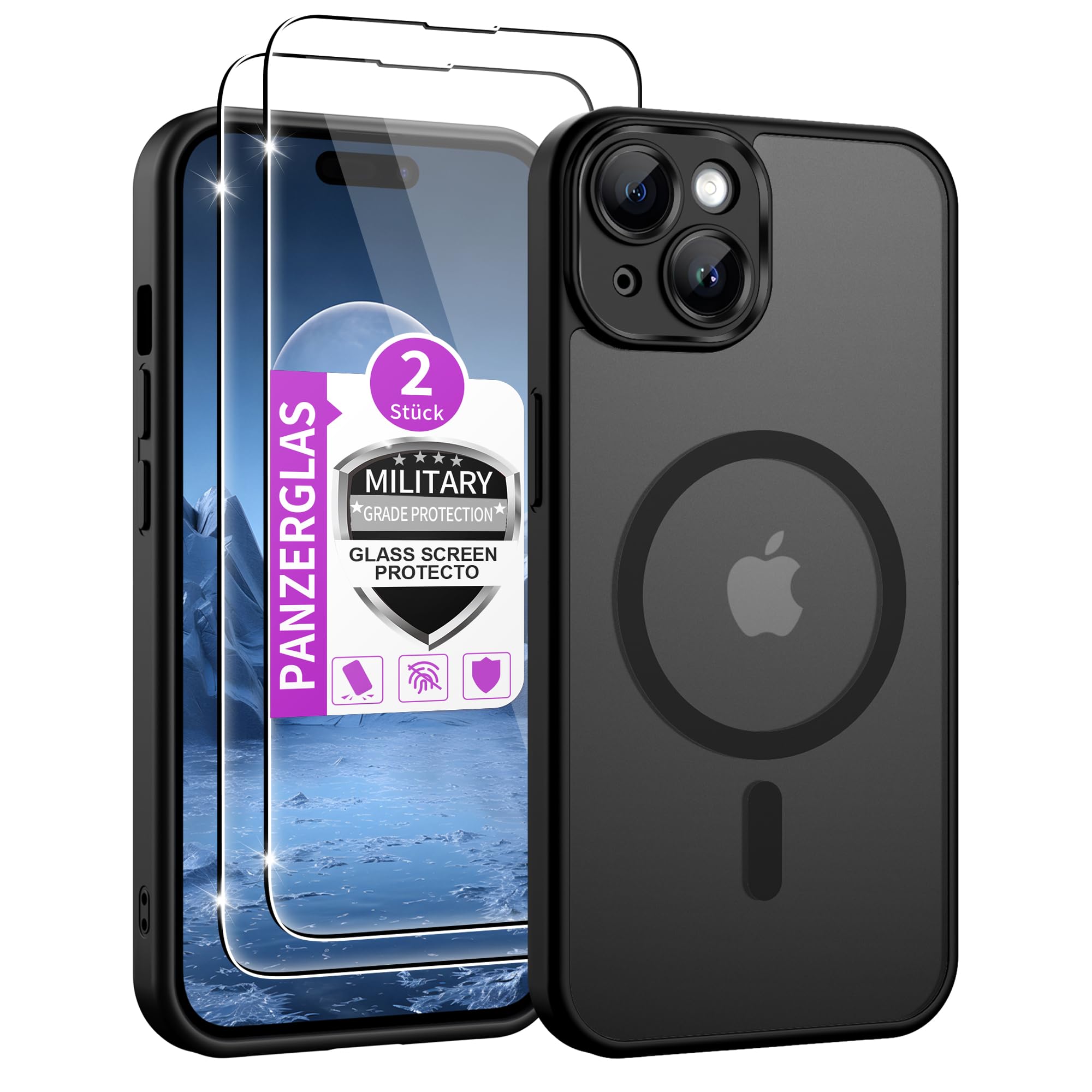 Jshru Handyhülle für iPhone 15 Plus Hülle mit 2 Stück Panzerglas Kompatibel mit Magsafe,Dünn Magnetisch Militär Stoßfest Schutzhülle Matt Case für iPhone 15 Plus,Schwarz