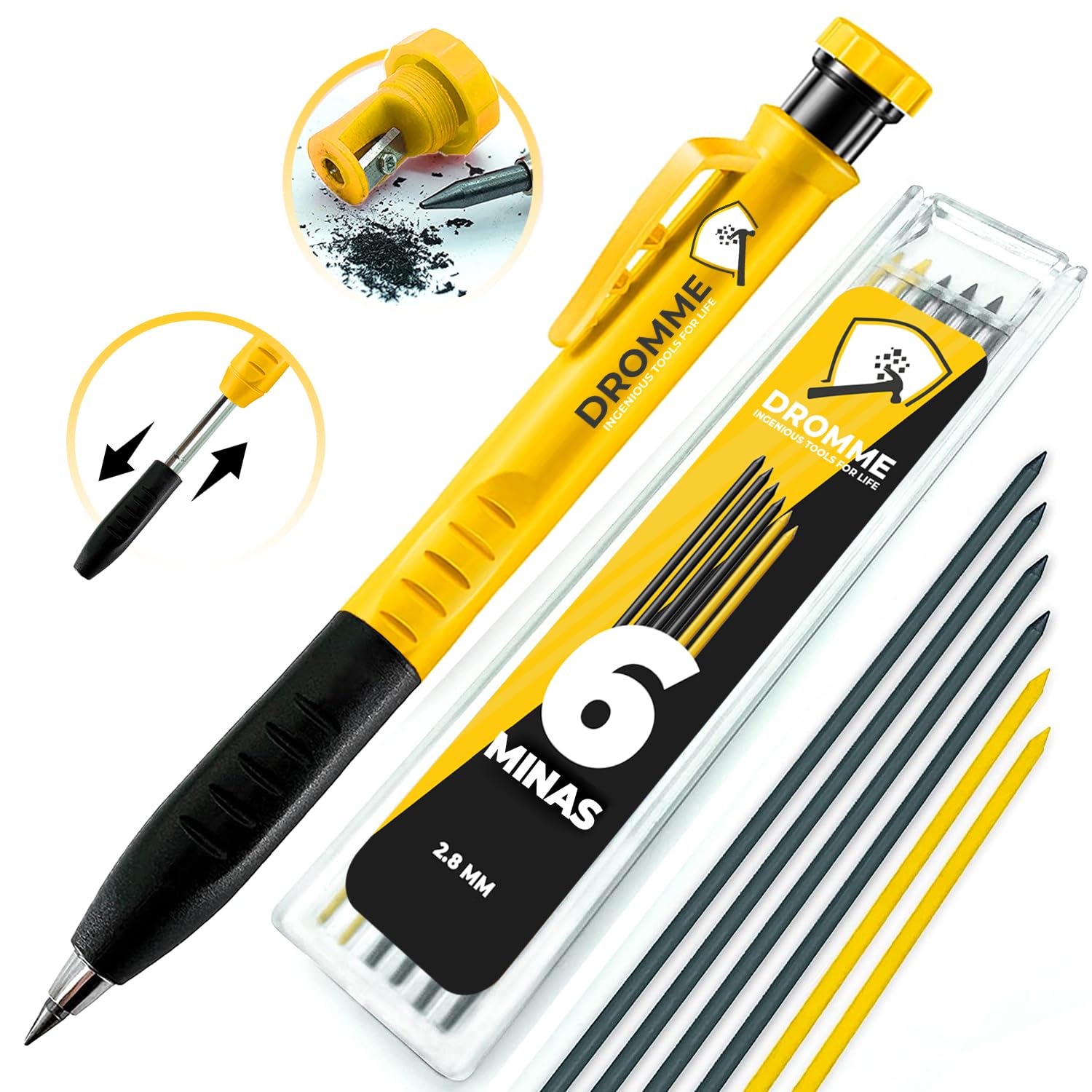 Dromme Professional Pencil for Carpenters [Includes 7 Leads + Sharpener] – Perfect for Marking on All Surfaces – Set of Pencils for Strong and Practical Works