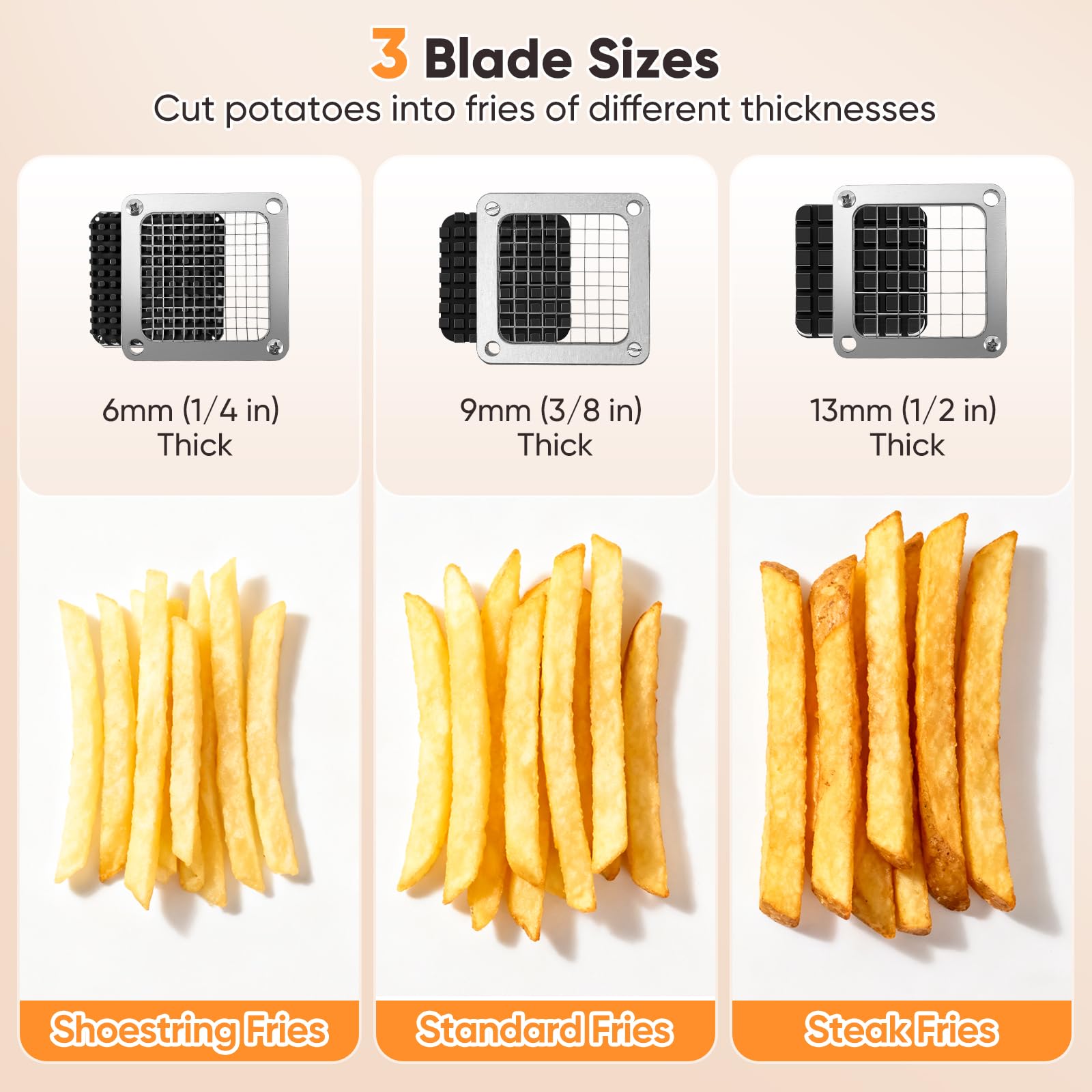 Cortador Patatas Fritas Manual, Cortadora Patatas Industrial, con Cuchillas de Acero Inoxidable de 6mm, 9mm, 13mm, Cortador de Papas para Patatas, Verduras y Frutas para Uso Doméstico