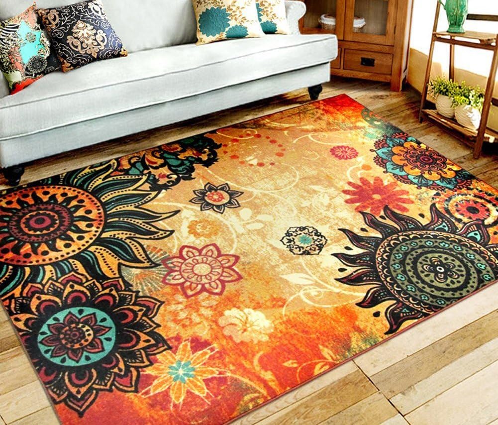 Contemporary Boho Retro Style Abstract Living Room Floor Carpets,Non-Skid Indoor Large Area Rugs,52"x75" Lotus