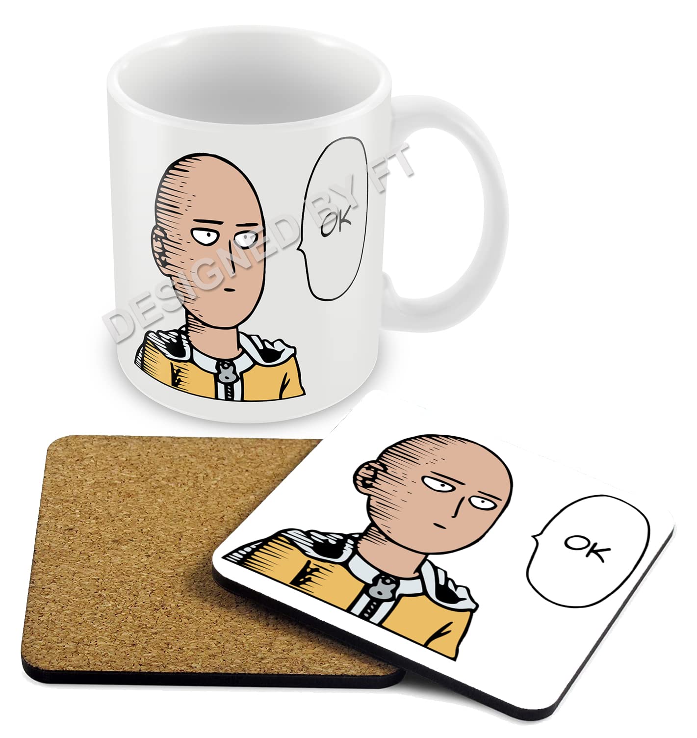 Flyingturtles White One Punch Man Ok Saitama Mug And Coaster Set By Ft.