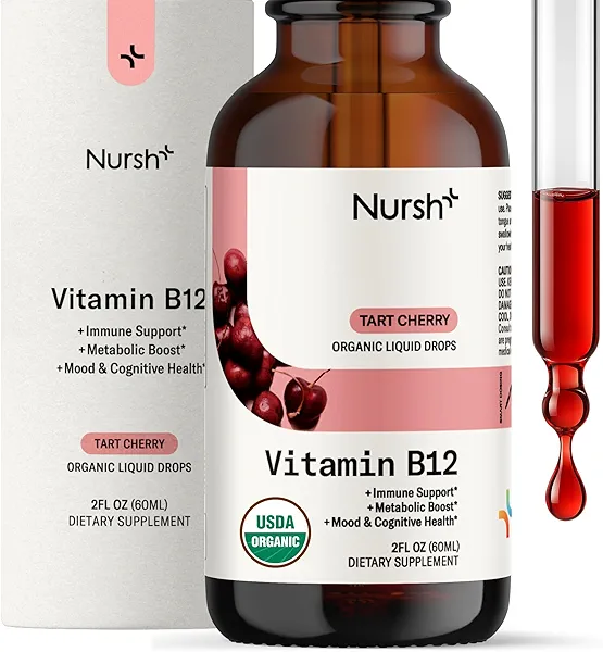 Nursh+ Boost Organic Vitamin B12 Liquid Drops Sublingual Extra Strength 5000 mcg Vegan Methylcobalamin – Energy & Daily Wellness Support - Maximize Absorbing Liquid – 2 fl oz