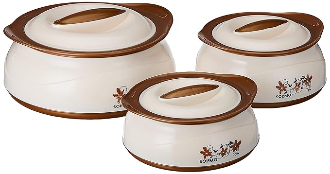 Amazon Brand – Solimo Chemical-Free Plastic and Stainless Steel Casserole (Brown Silver, 450/900/1450 ml) -Set of 3 at Rs. 599