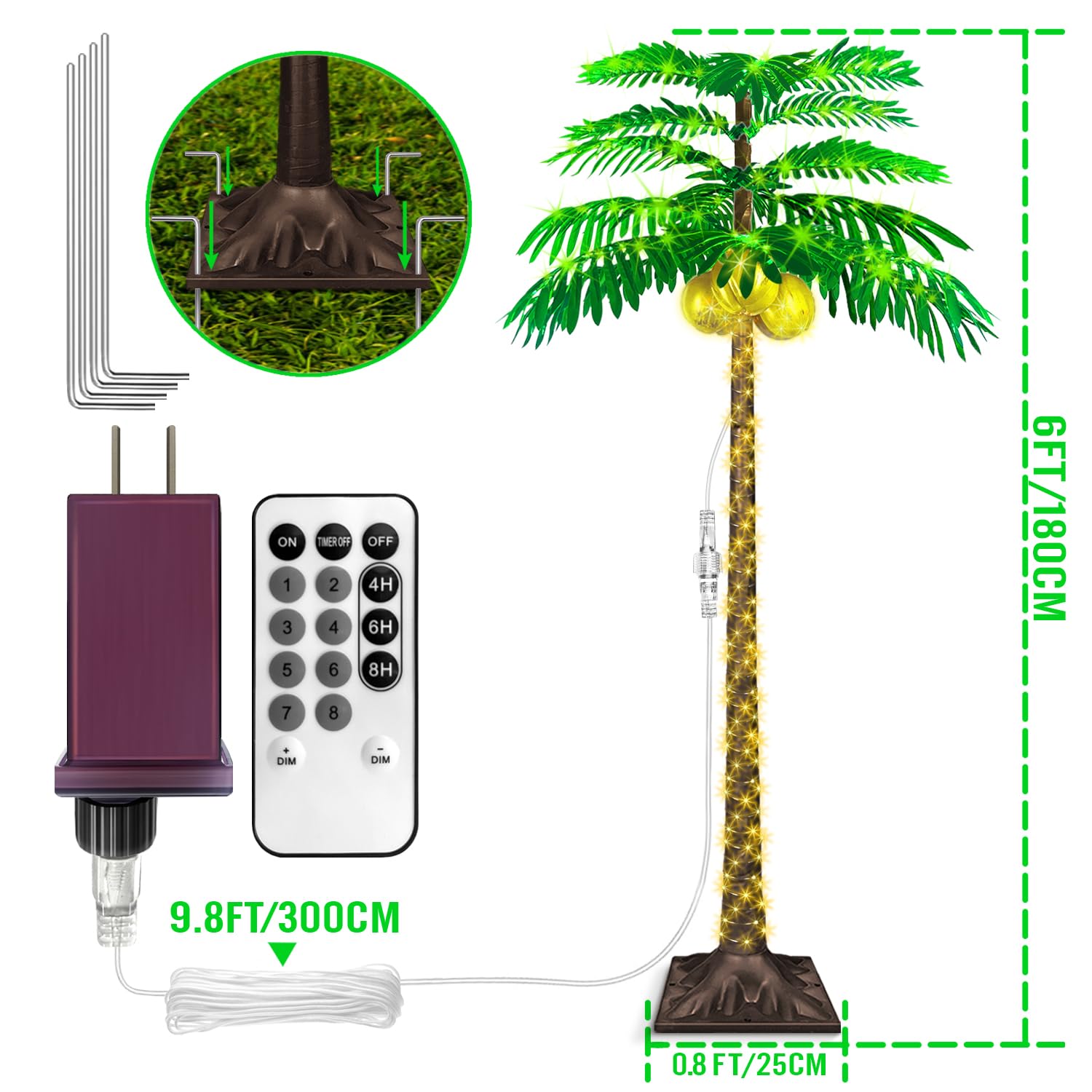 Palma a LED da 1,8 m con 421 luci, palma illuminata per patio esterno, fornita con 3 noci di cocco incandescenti, dimmerabile, 8 modalità lampeggianti e timer.