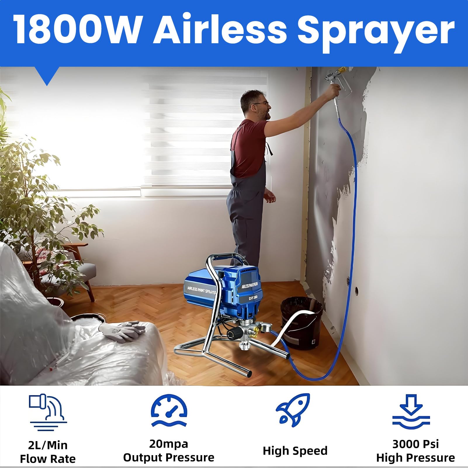 Agregat malarski bezpowietrzny 1800 W, wysokociśnieniowy elektryczny agregat malarski 3000 PSI, z przedłużką dyszy, wysoki przepływ 2 l/min, wąż 5 m, nie wymaga rozcieńczania.
