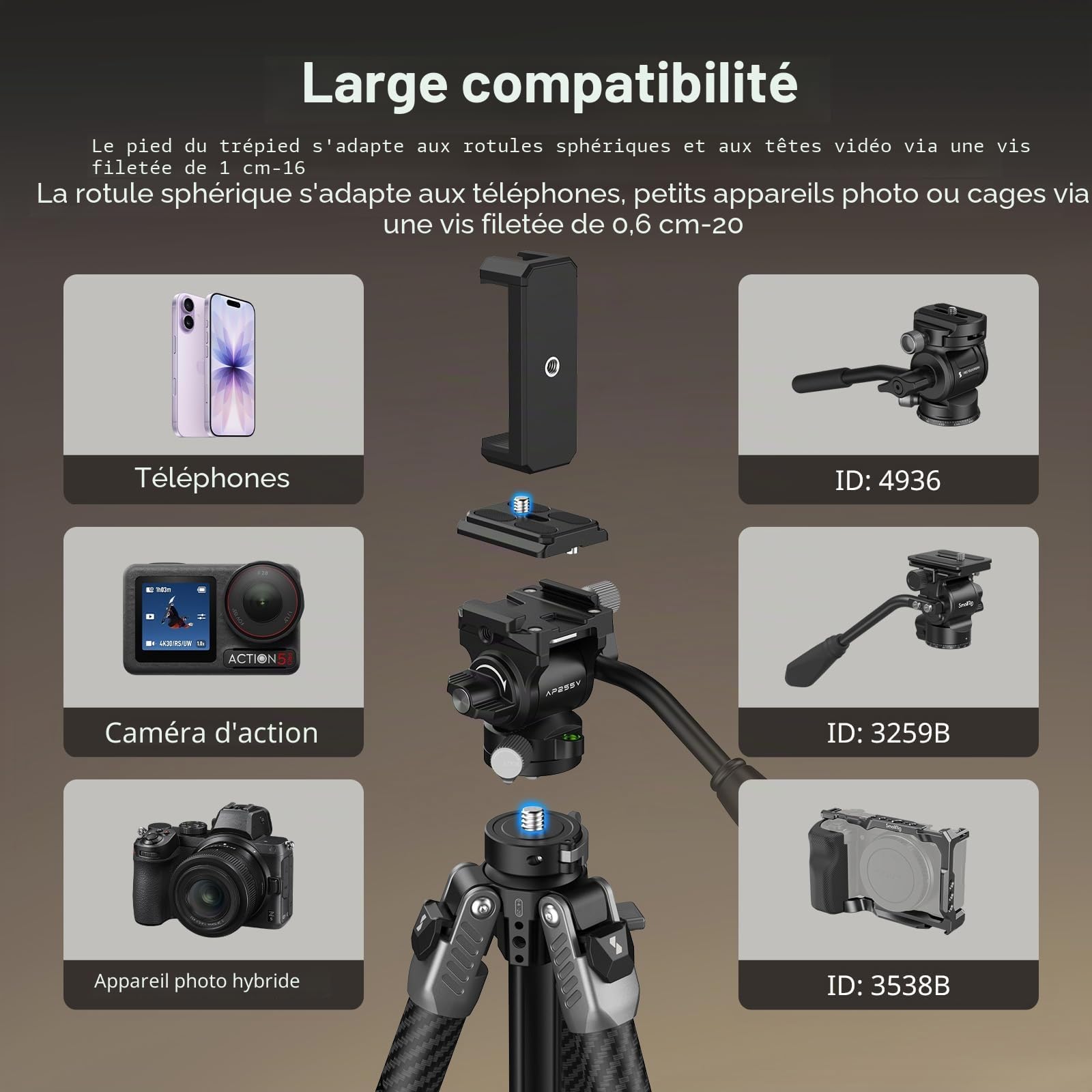 SMALLRIG 160 cm Trépied de Voyage Portable pour iPhone et Appareil Photo, Trépied Vidéo en Fibre de Carbone, Format Compact (52 cm), 3 kg Charge, Tête Fluide pour la Photographie en Extérieur - 5477