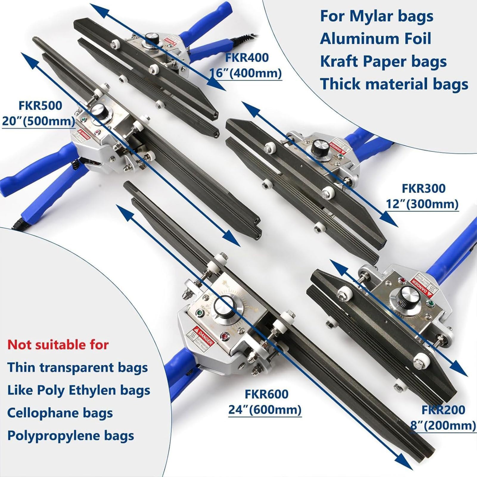 Selladora al vacío de mano, máquina de sellado térmico portátil para bolsas de celofán de aluminio de Mylar, 200-600 mm, ancho de sellado de 10 mm, ajustable de 0 a 300 °C para embalaje de alimentos