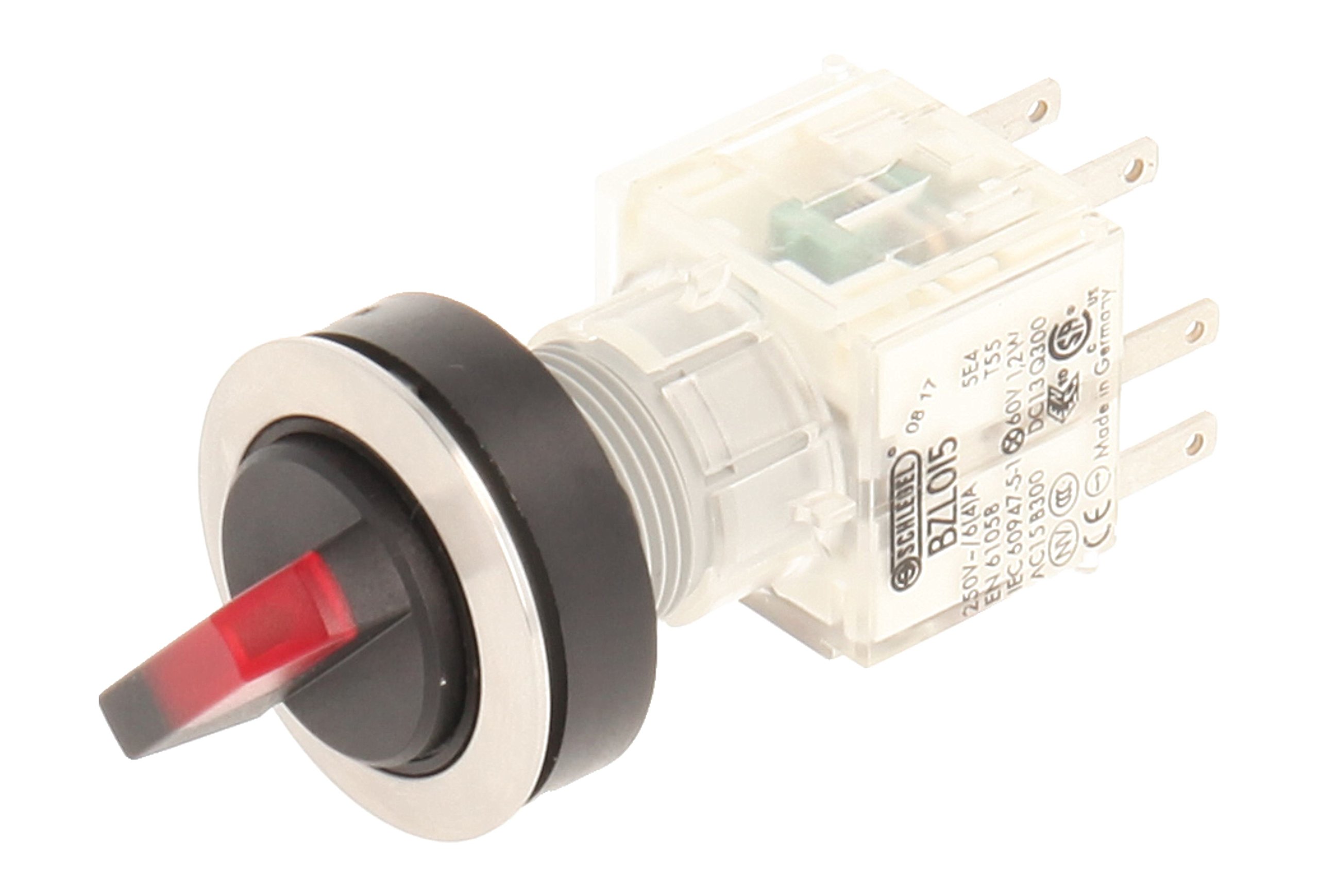 Club Selector, rastend, Stainless Steel, 23.001.306 2 Positions Momentary Contact Transmitter 1 Closer + 1 opener with Bulb Holder t5,5 K LED, 24 V, RED