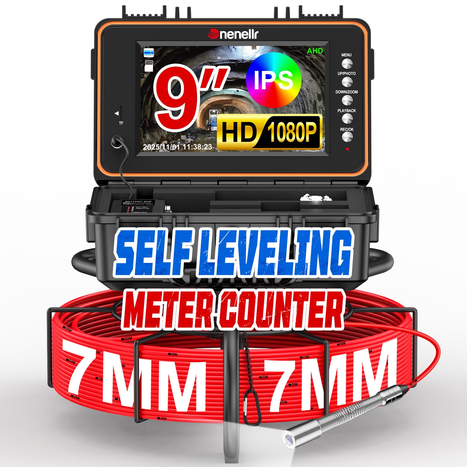 Telecamera Ispezione Tubi 50M con Segnale a 512Hz, 1080P Videoispezione per Tubazioni, Autolivellante, DVR, Per Ispezione Tubi Fognature, Piscine e Scarichi, Impermeabile IP68