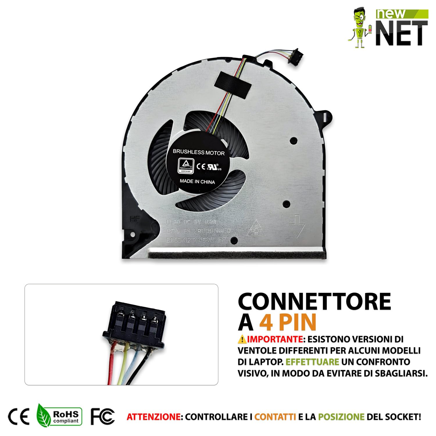 New Net - Ventola CPU Fan compatibile con HP 15-dw, 15-gw, 15s-dr, 15s-du, 15s-dy, 15s-gr, 15s-gu, 15t-dw, 15z-gw, 250 G8, 250 G9, 250R G9, 255 G8, 255 G9, 256 G8 [4 pin - diametro 55 mm]
