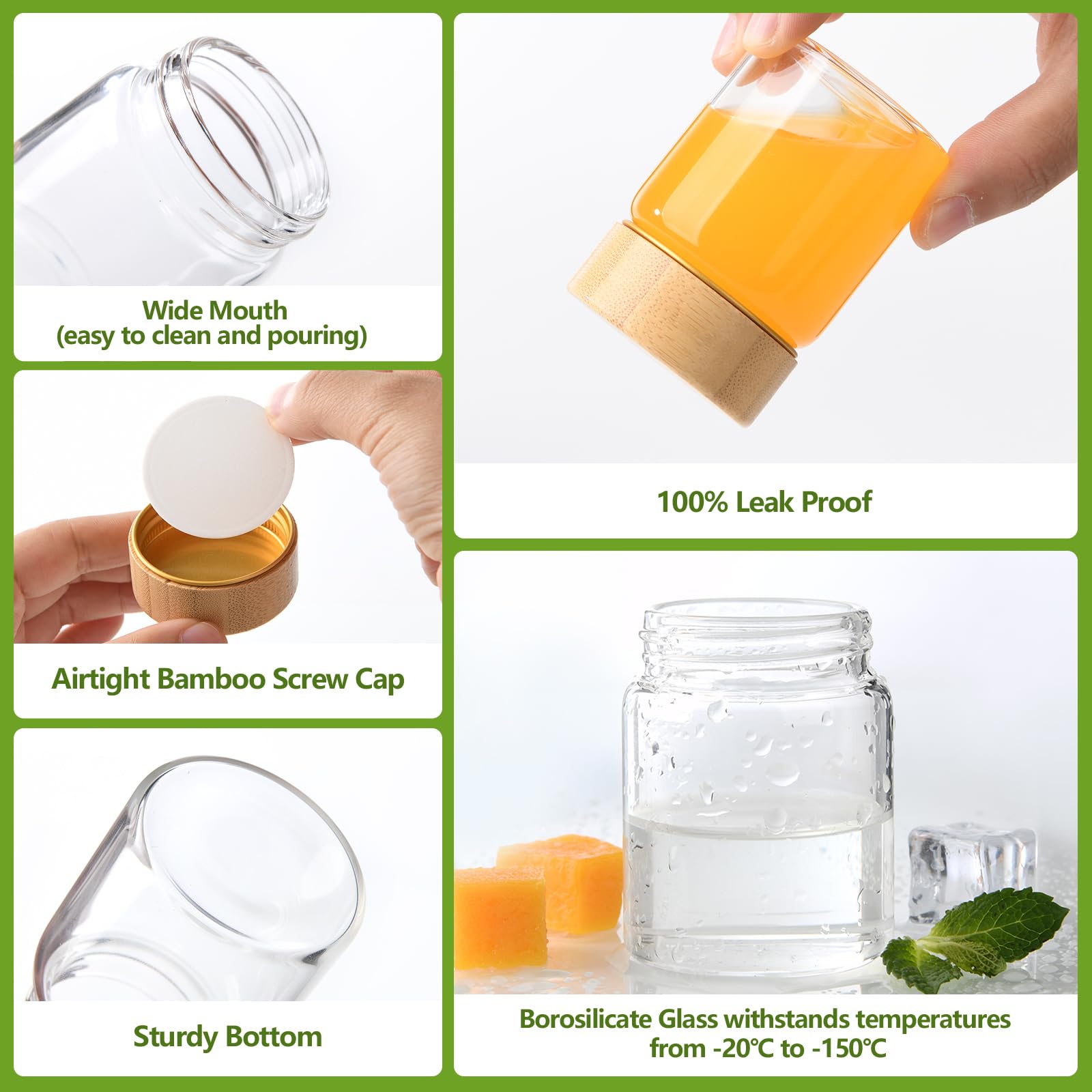 YBCPACK 12 Pack 2oz/60ml Mini Glass Shot Bottles with Bamboo Lids, Reusable Wellness Shots Bottles with Label, Pen - Image 3