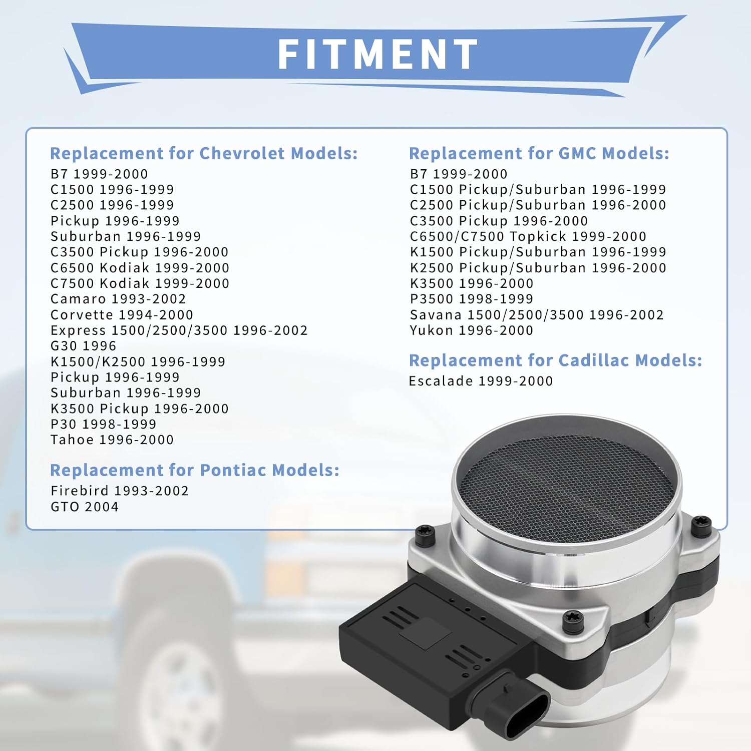 25008307 Mass Air Flow Sensor Meter MAF Replacement for GMC Chevrolet 4.3L 5.0L 5.7L 7.4L Replace 19208521, 25008308