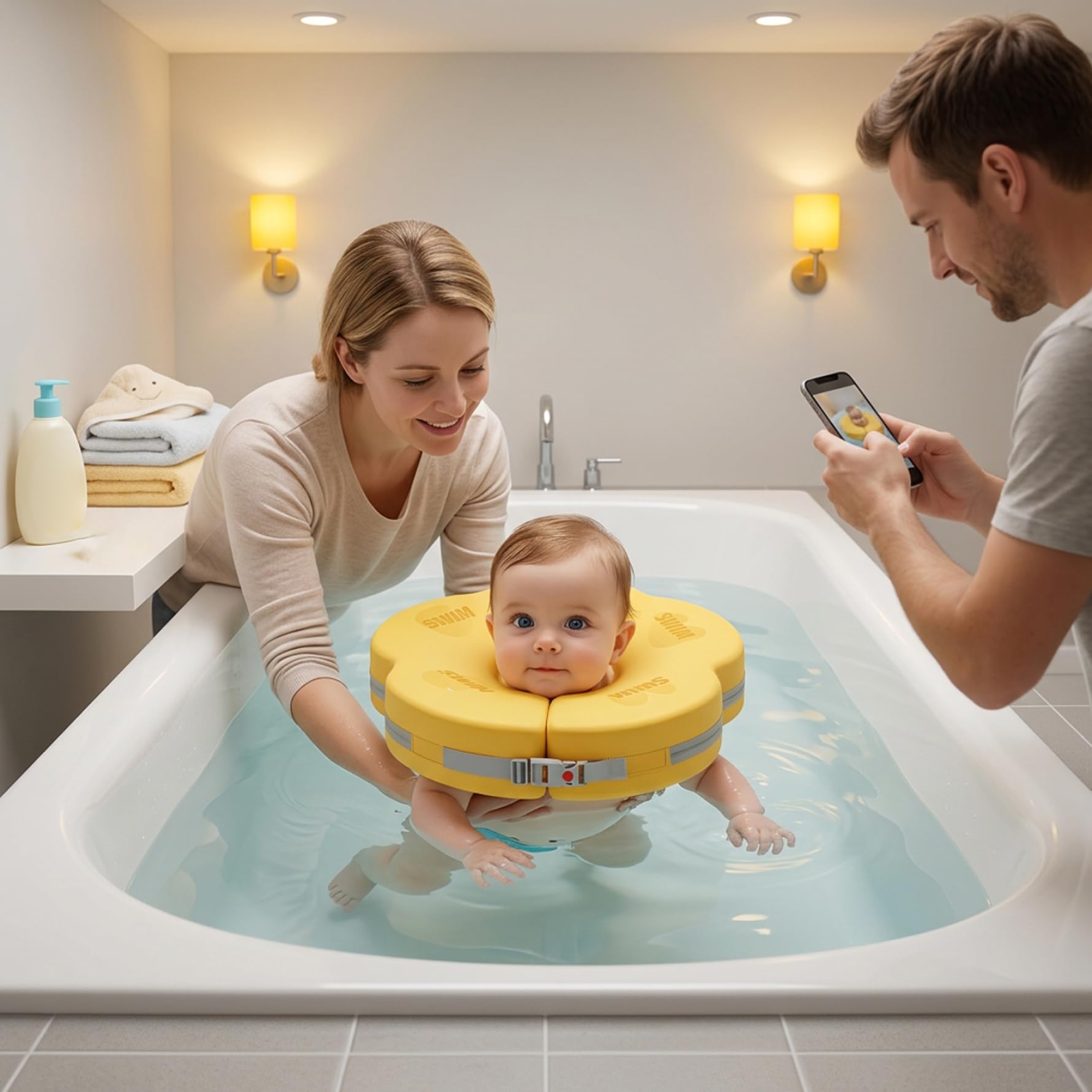 Nackenschwimmer für Babys im Alter von 0 bis 6 Monaten – Verstellbarer und sicherer Schwimmschwimmer mit weichem Kragen, wasserdicht für sicheren Wasserspaß (gelb)