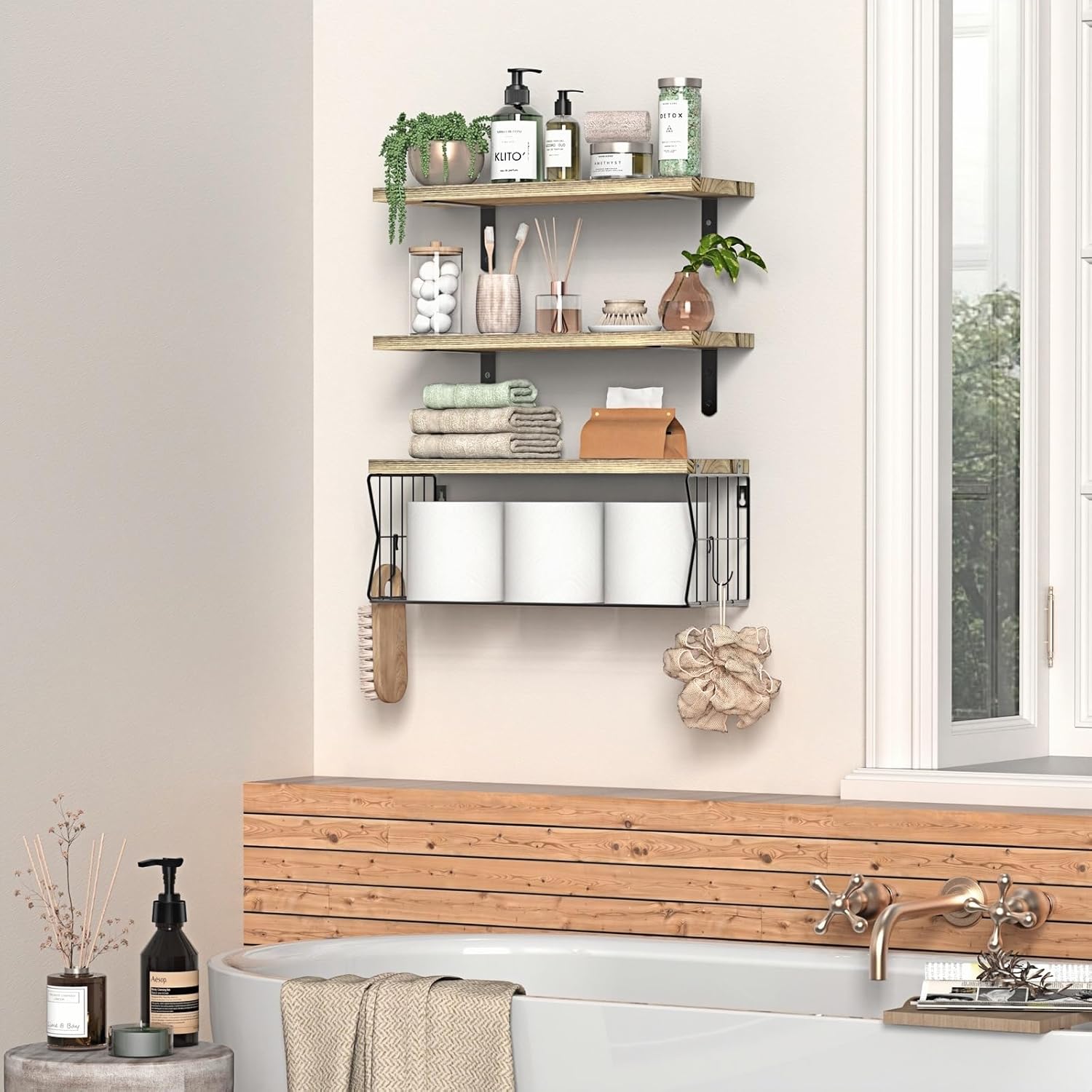 Floating Bathroom Shelves Wall Mounted - Wooden Shelf Set of 3 for Over Toilet Storage & Farmhouse Bathroom Decor - Perfect Shelving Organizer for Apartments RVs Powder Room Restroom - Wood