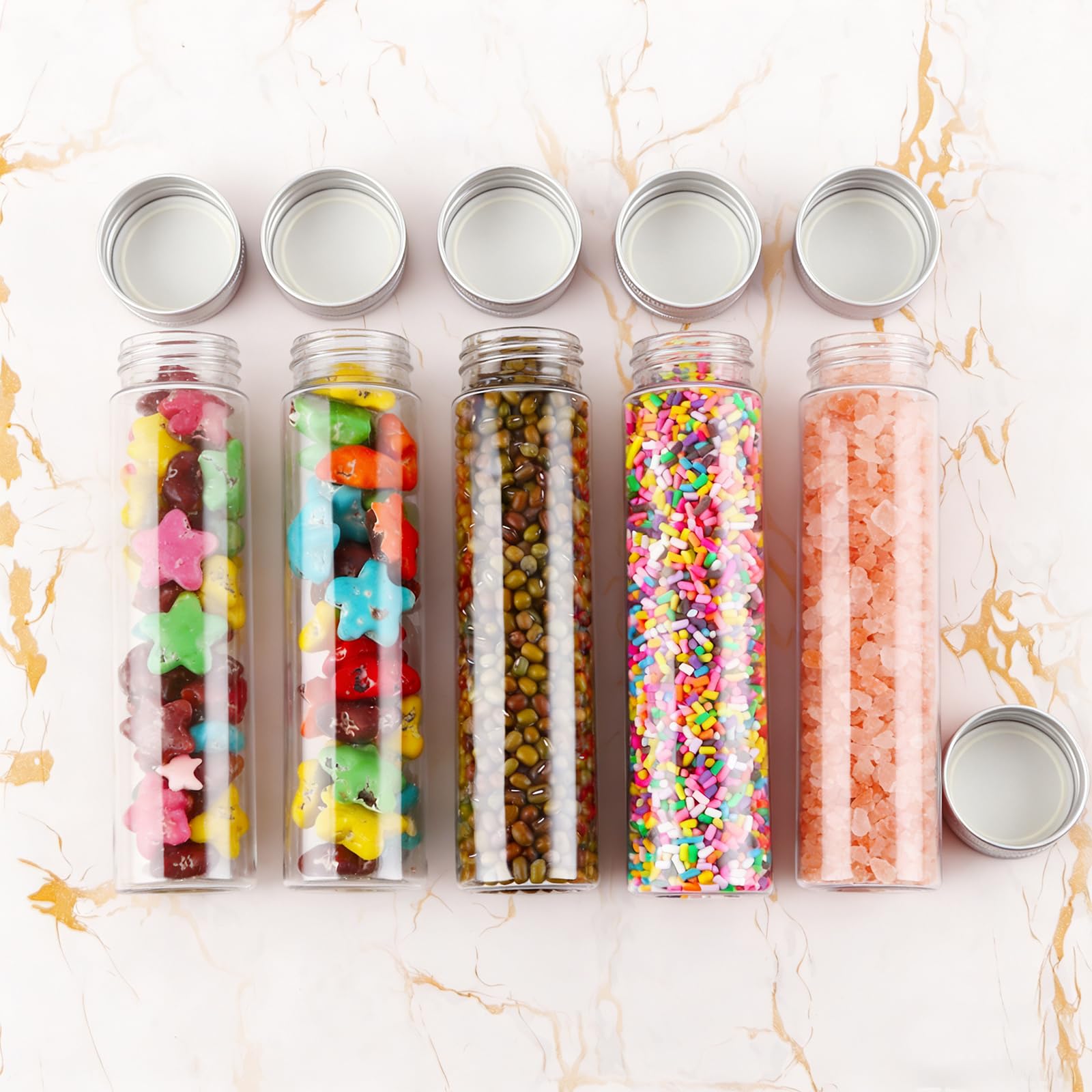 Lot de 36 tubes à essai avec bouchon à vis - 80 ml - Tubes à essai avec couvercle transparent - En plastique - Pour fleurs, bonbons, perles, plantes, sels de bain réutilisables