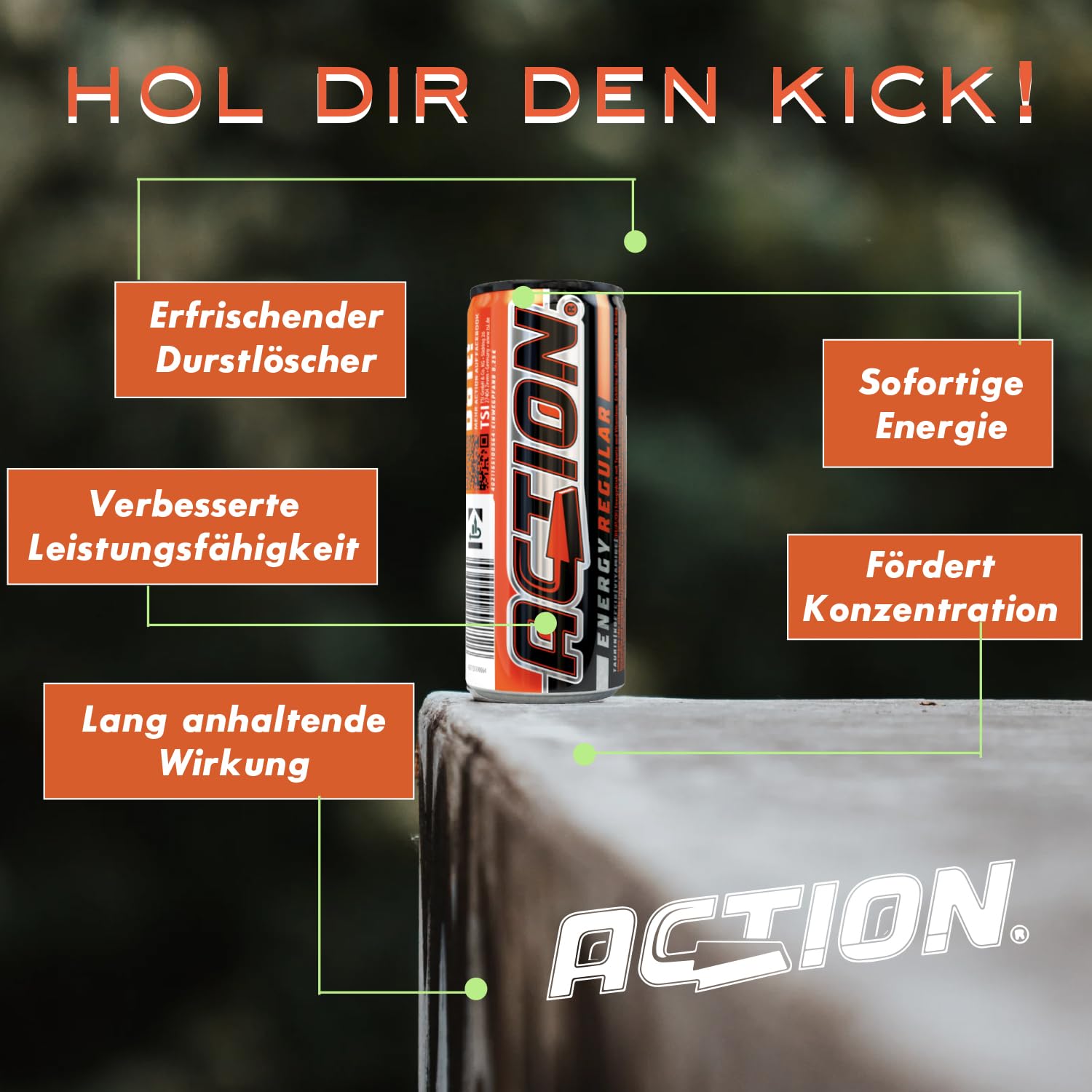 Action Energy Drink Regular (48 x 250 ml) incluye depósito – Refresco con sabor a tutti-Frutti – patata energética con mayor contenido de cafeína 31,5 mg/100 ml de cafeína