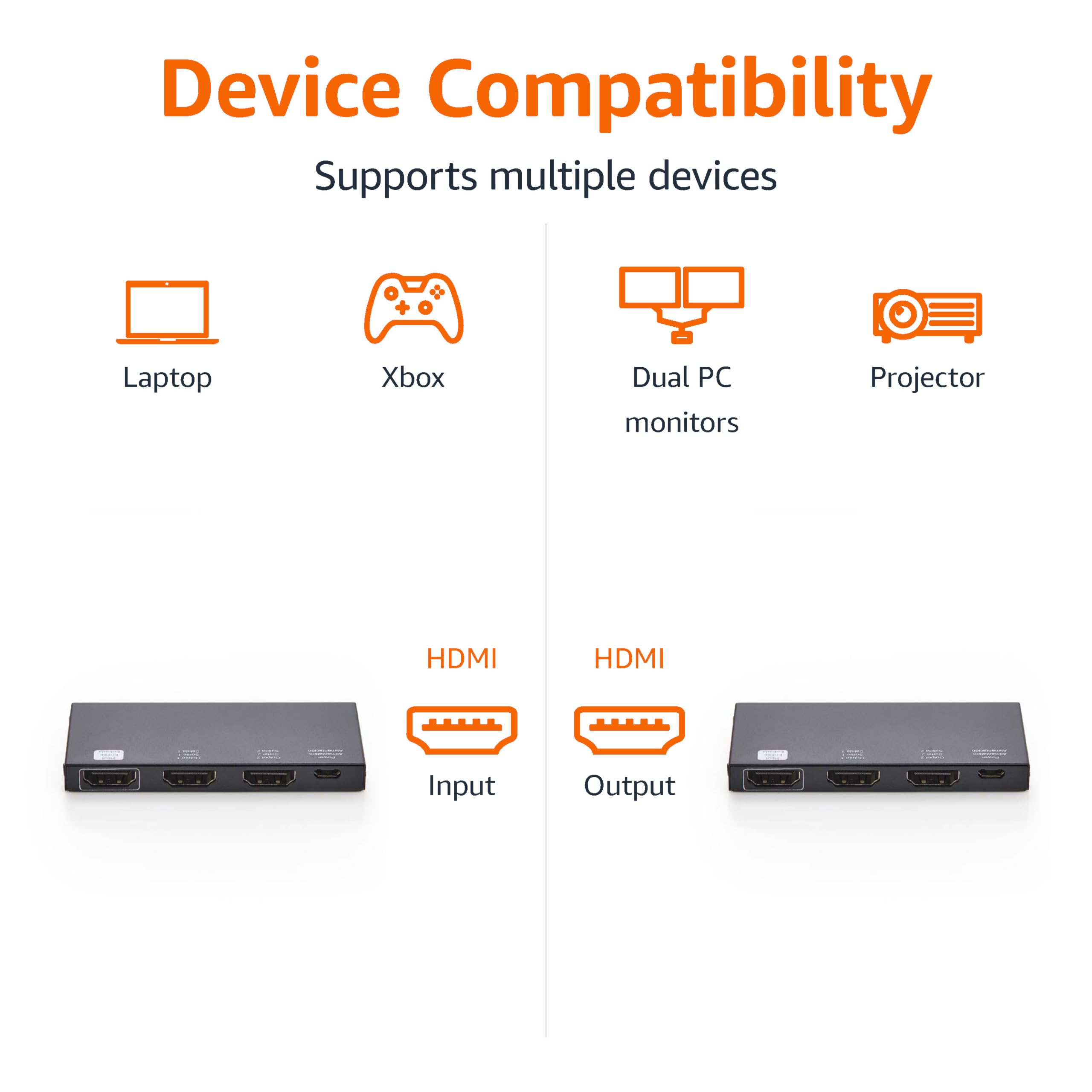 Amazon Basics Sdoppiatore HDMI 1 in 2 out, 4K@60Hz per doppio monitor, solo specchio, nero (Confezione da 2)