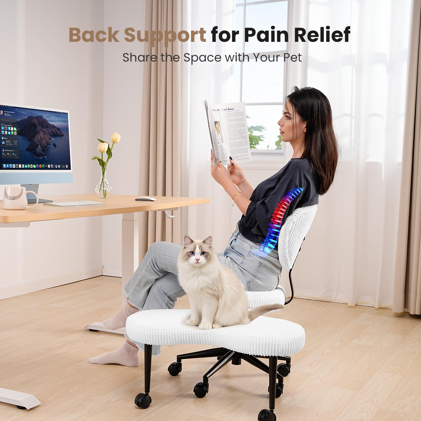 HOMRELEXA Bürostuhl mit Kreuzbeinen, 360° drehbar, Ergonomischer Kniestuhl, Criss Cross Schreibtischstuhl mit Verstellbarer Höhe, ADHS-Meditationsstuhl mit Rückenstütze, Cordstoff, Weiß