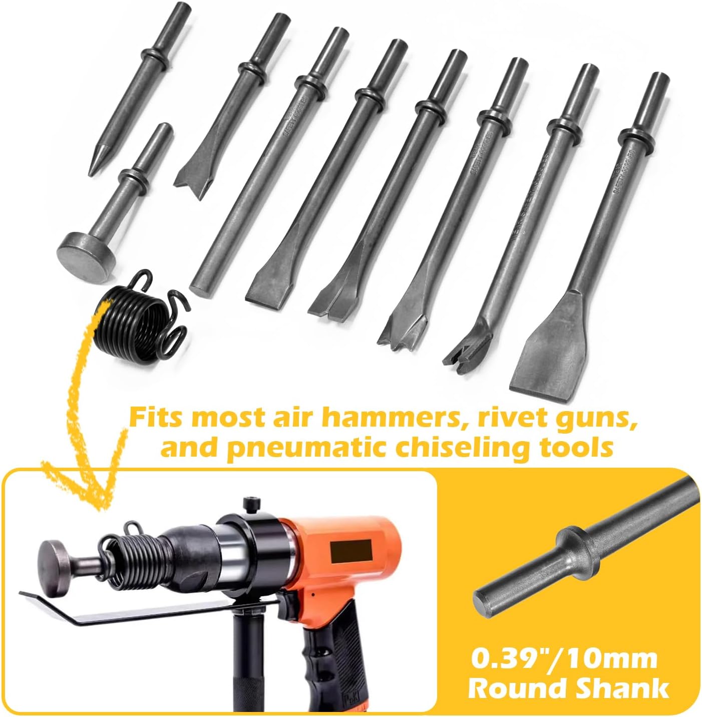 10Pcs Air Hammer Bits Set, Pneumatic Chisel Tools with Spring, Air Hammer Punch Chipping Bits for Tile Masonry Concrete Stone Demolition