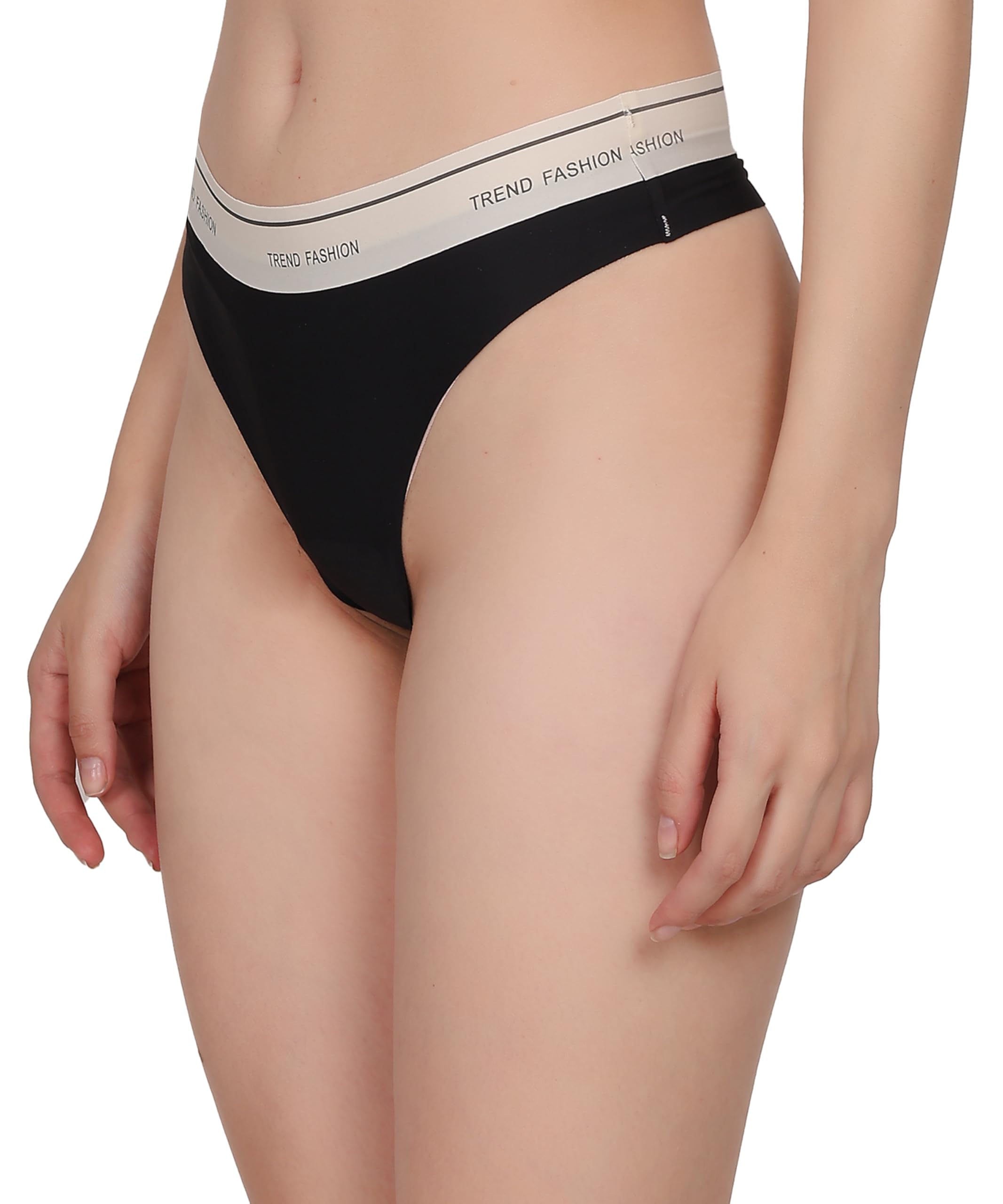 Trend Fashion Women's Thong Panties, Grey with Beige Elastic Waistband, Soft Breathable Fabric, No Show G-String, Pack of 2-image-38