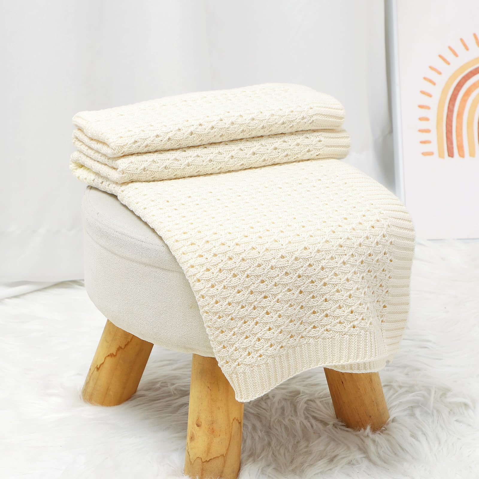 mimixiong 100% Cotton Knitted Cellular Baby Blanket for Boy Girls (Baby White) - Image 4