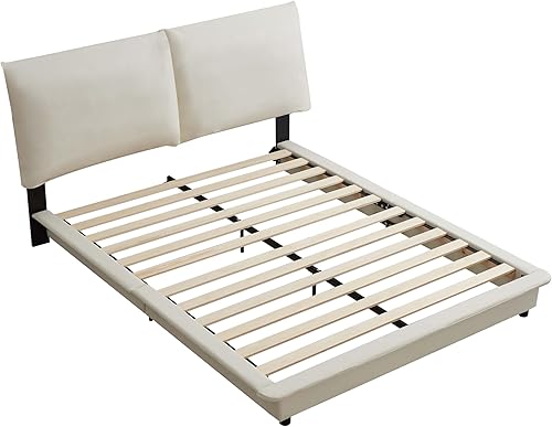 Miniatura 135 de Base de cama flotante tamaño Queen con luces LED y carga USB, marco de cama LED de plataforma tapizada moderna, no necesita somier (blanco-1)