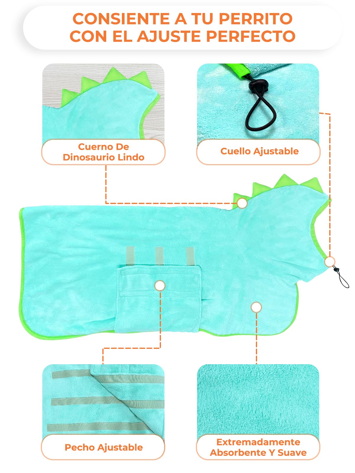 Albornoz para Perros con Velcro, Albornoz para Perro de Microfibra Absorbente Dinosaurio, Albornoz Absorbente para Perros para Secar Después del Baño y la Natación (L, Azul)