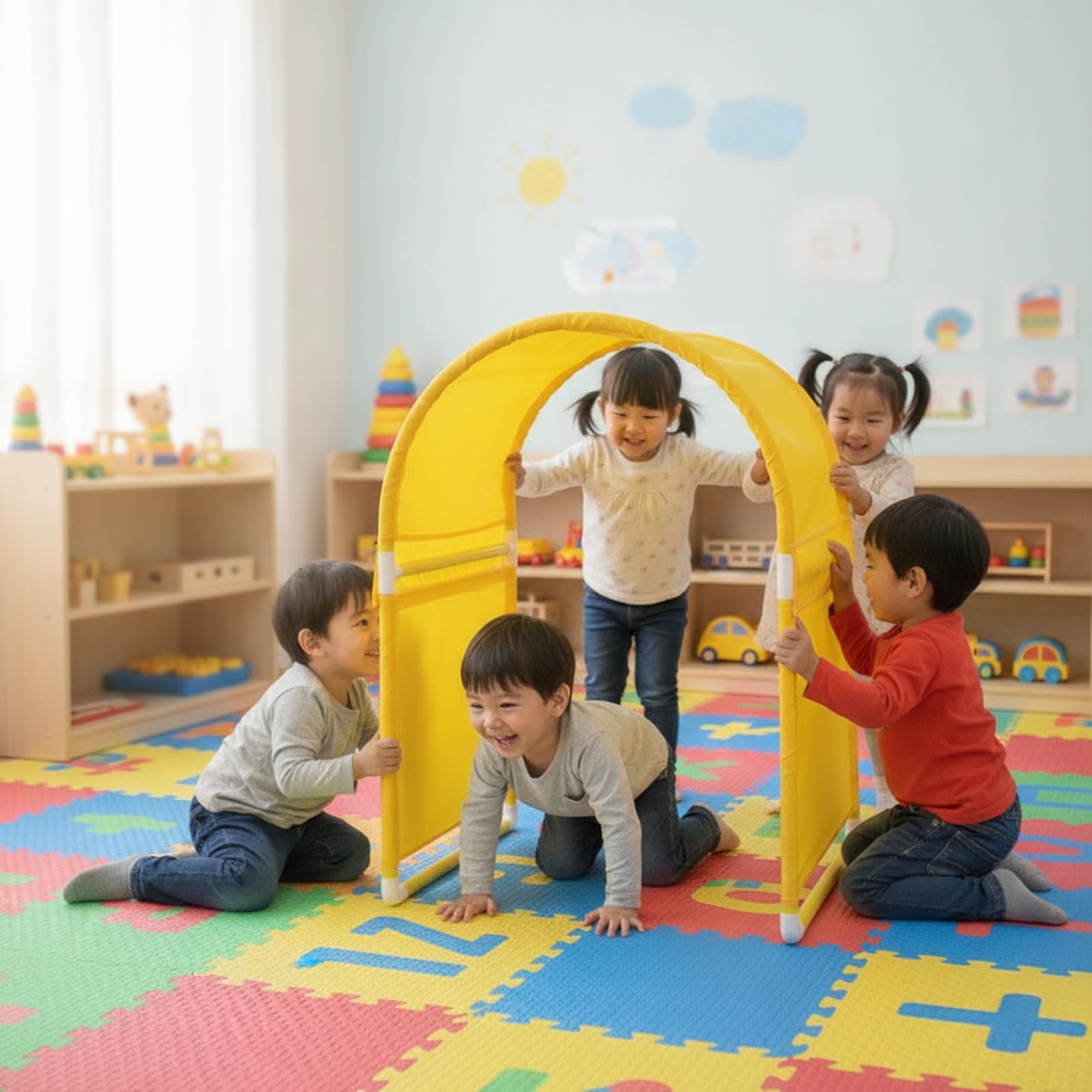 Children Training Tunnel Krabbeltunnel Spieltunnel Bewegungstunnel Motorikbogen mit Leichtem PVC-Gestell Und Textilbezug für Motoriktraining Und, Orange