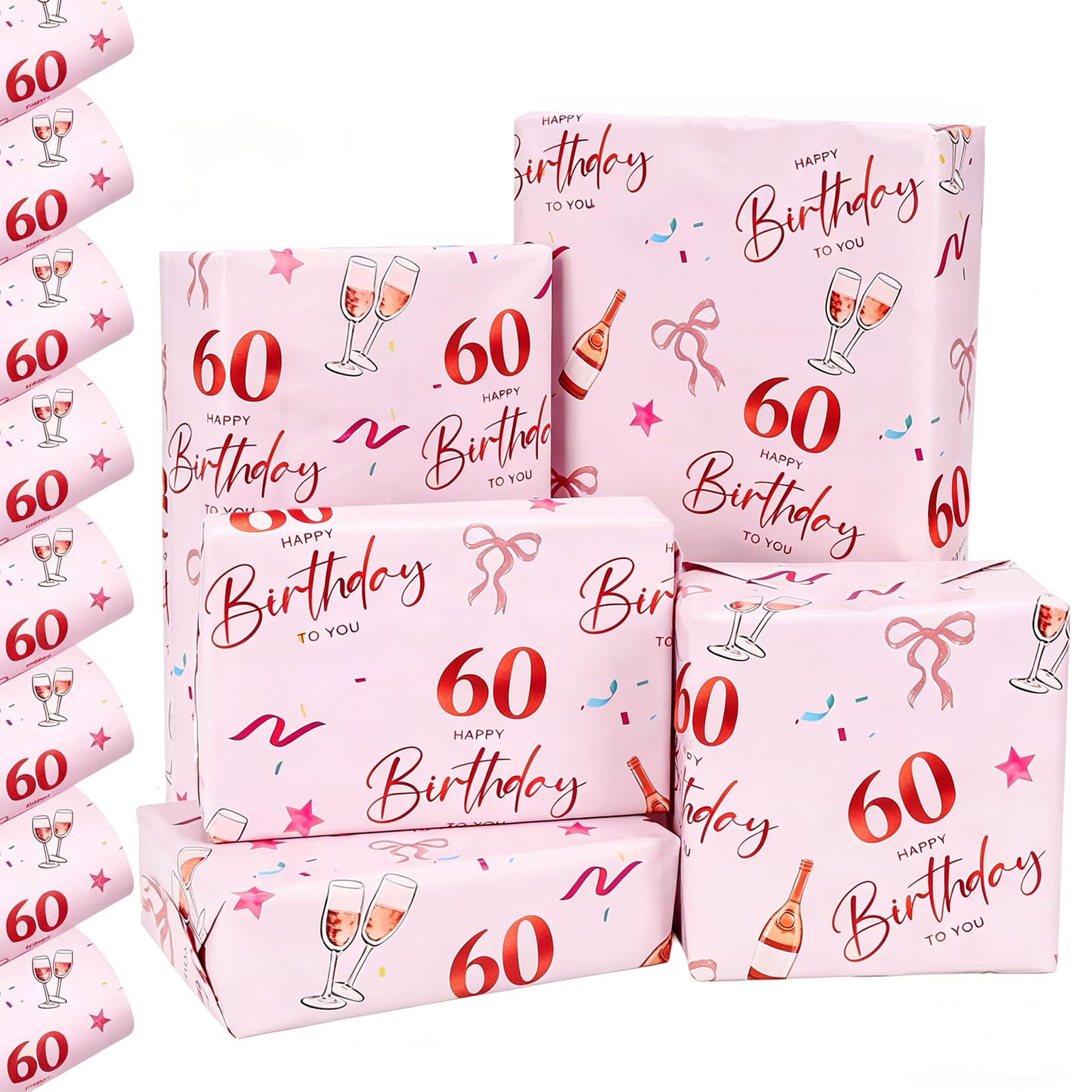 GYOYEDE 8 Sheets 60th Birthday Wrapping Paper,70x50cm Rose Gold Pink Gift Wrap 60th Birthday Gifts for Women, Eco-Friendly Birthday Gift Wrapping Paper for Birthday Parties Decorations.
