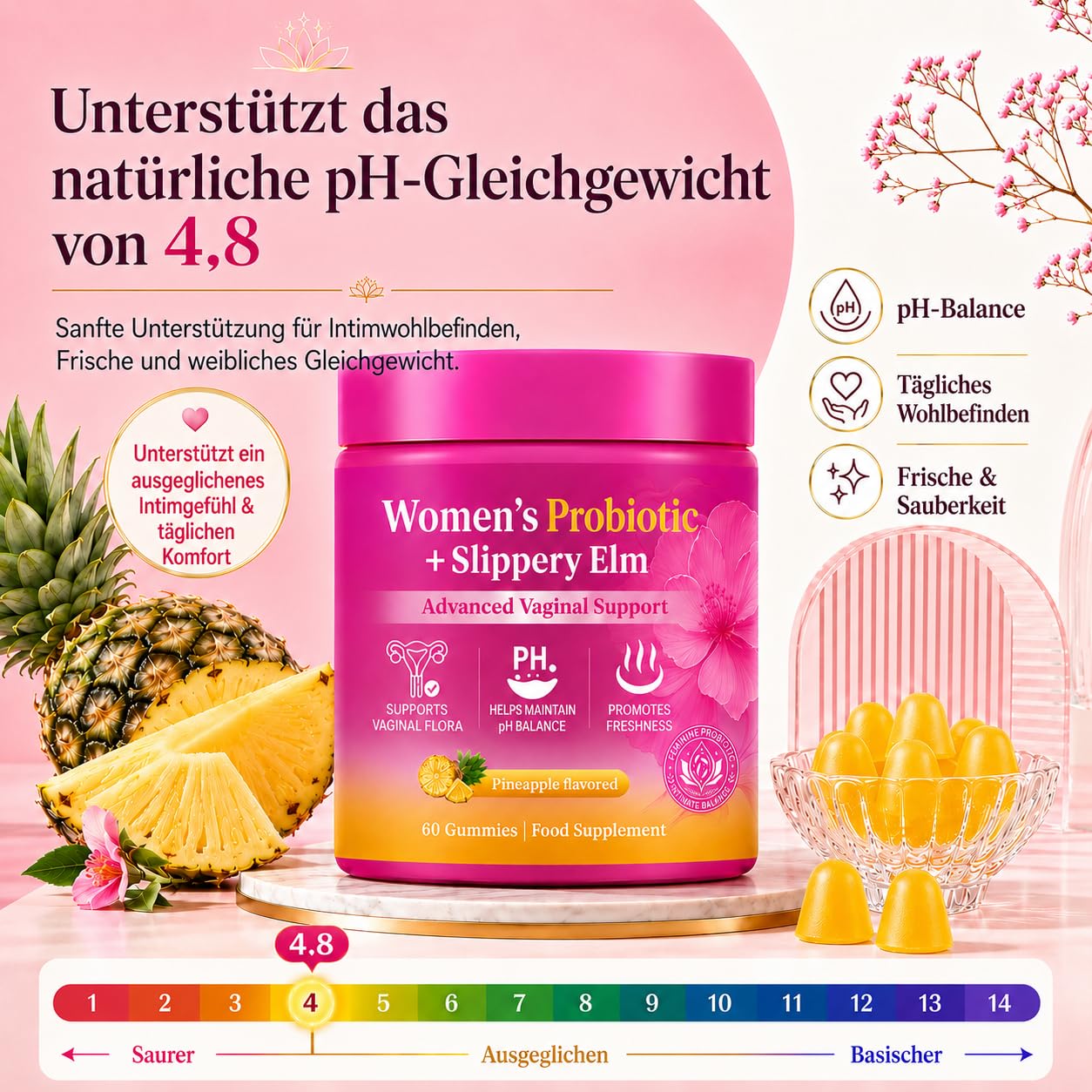 Probiotika Gummies für Frauen, 60 Stück – Cortisol Cocktail Routine, Milchsäurebakterienkulturen mit Roter Ulmenrinde & XOS, Ananasgeschmack, zuckerfrei, vegan, glutenfrei