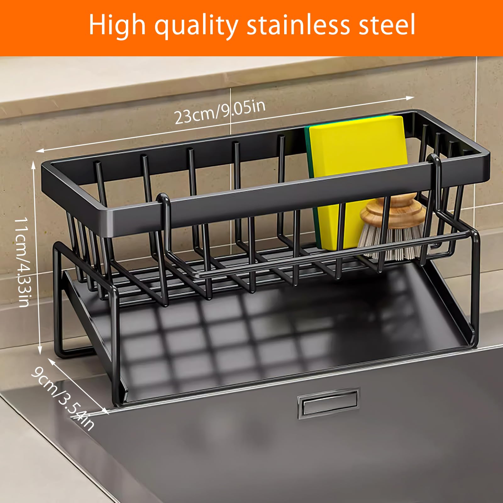 Lavello Con Organizer Oneyus SUS304 - Organizer Per Lavello, In Acciaio Inox, Colore Nero, Con Vasca Di Scarico E 2 Superfici Adesive Per Cucina, Bagno Organizer Per Lavandino Bagno