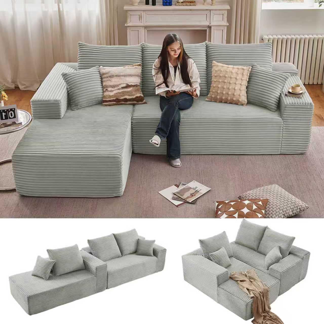 96" Modular Sectional Sofa, Modern Corduroy Cloud Couch with Deep Seat, Boneless Couch Upholstered 3-Seater L-Shaped Sofa for Living Room, No Assembly Required (Light Gray, Left-Facing Chaise)
