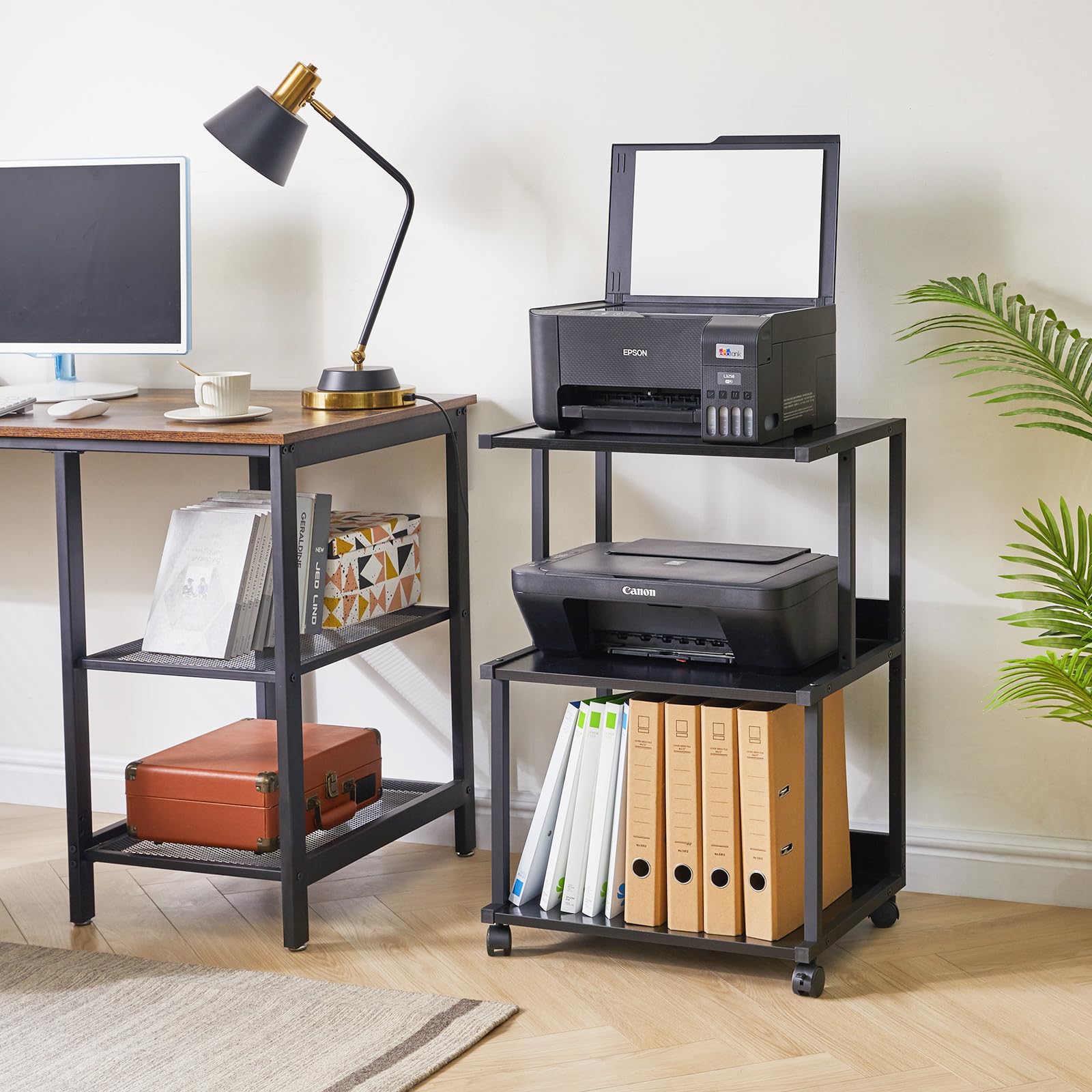 IBUYKE Soporte para Impresora con Estante de Almacenamiento, Mesa de Impresora de 3 Niveles con Ruedas, Carrito de Impresora para organización de Oficina en casa TPS001B