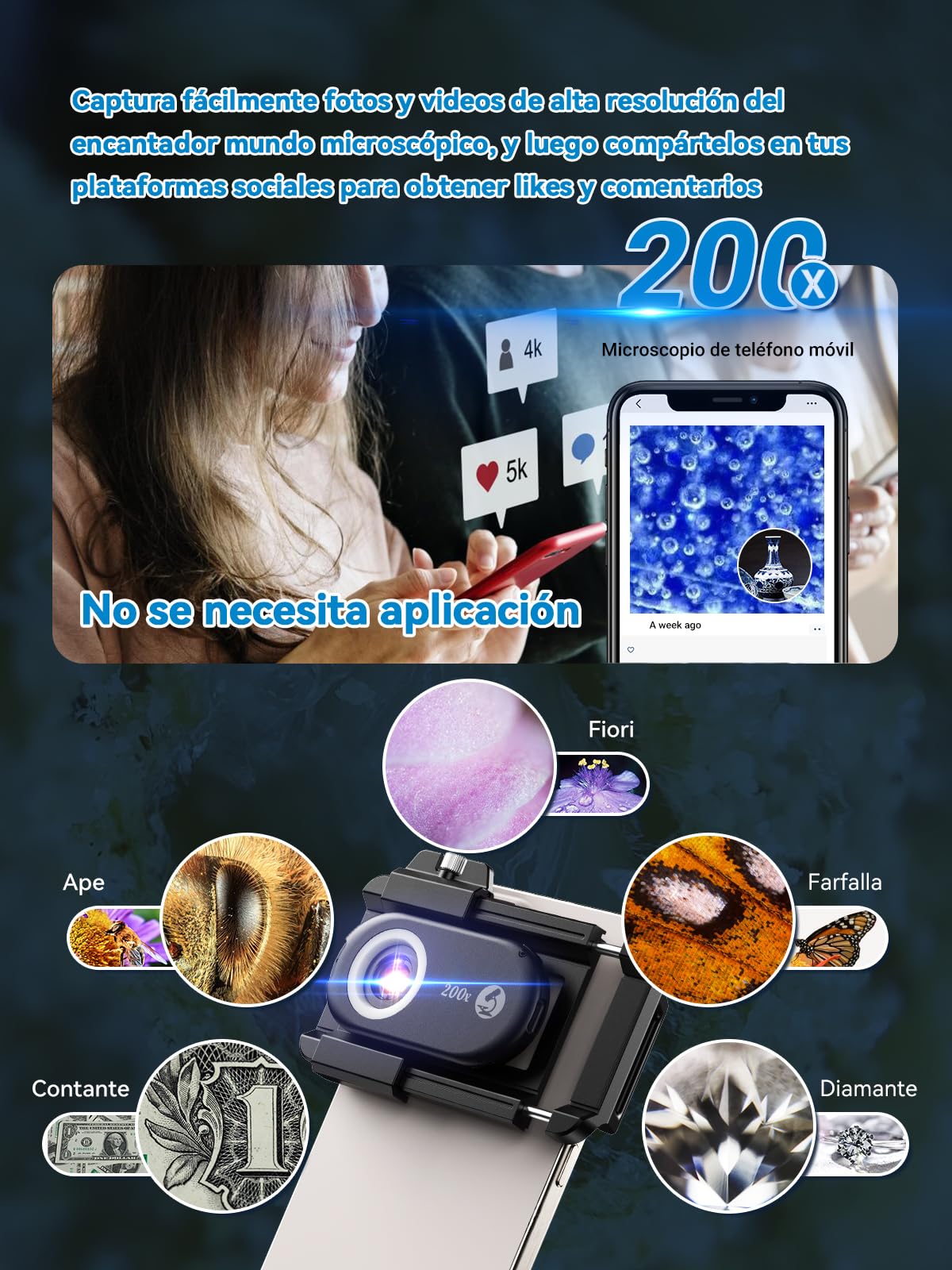 APEXEL Microscopio 200X para teléfono portátil, Explora el Mundo microscópico con el microscopio para Smartphone