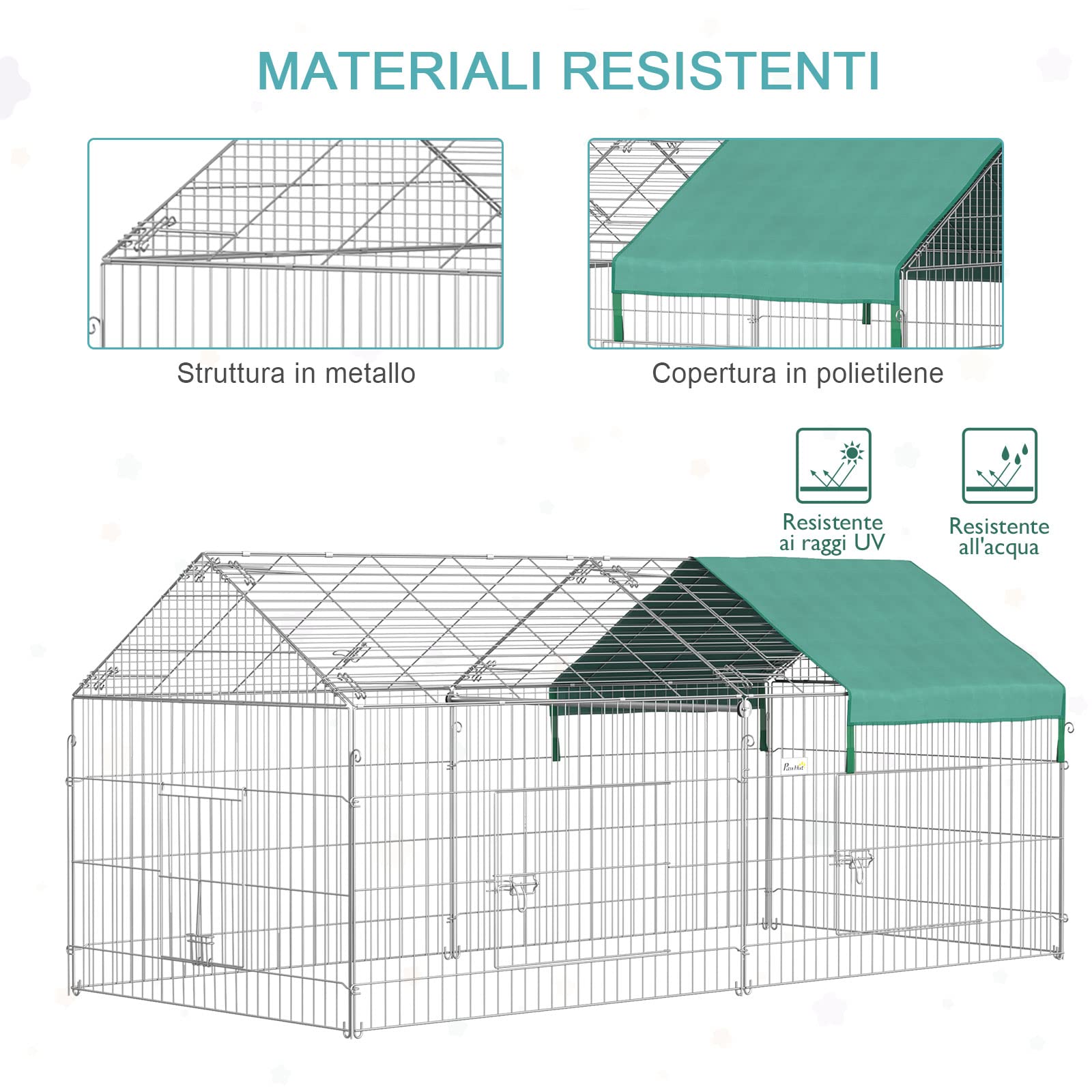 PawHut Recinto per Animali con Telo di Copertura, Recinzione in Acciaio con Porte per Galline e Conigli, 220x103x103cm