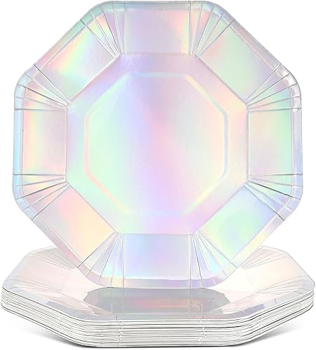 Paquete de 24 platos de fiesta de papel octágono, holográficos, 9 pulgadas