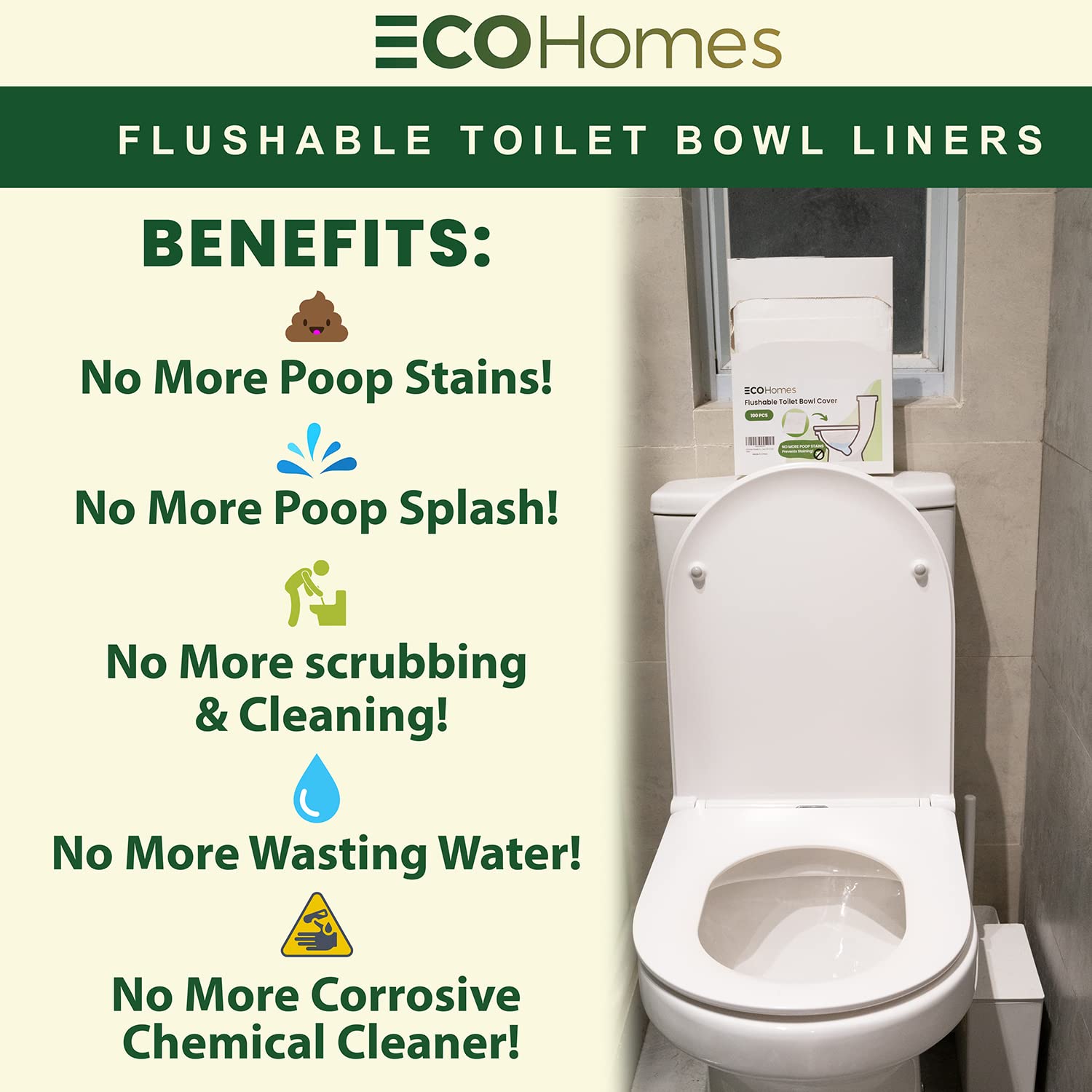 ECOHomes Flushable Toilet Bowl Liner Sheet Cover (100 pcs Pack) — No