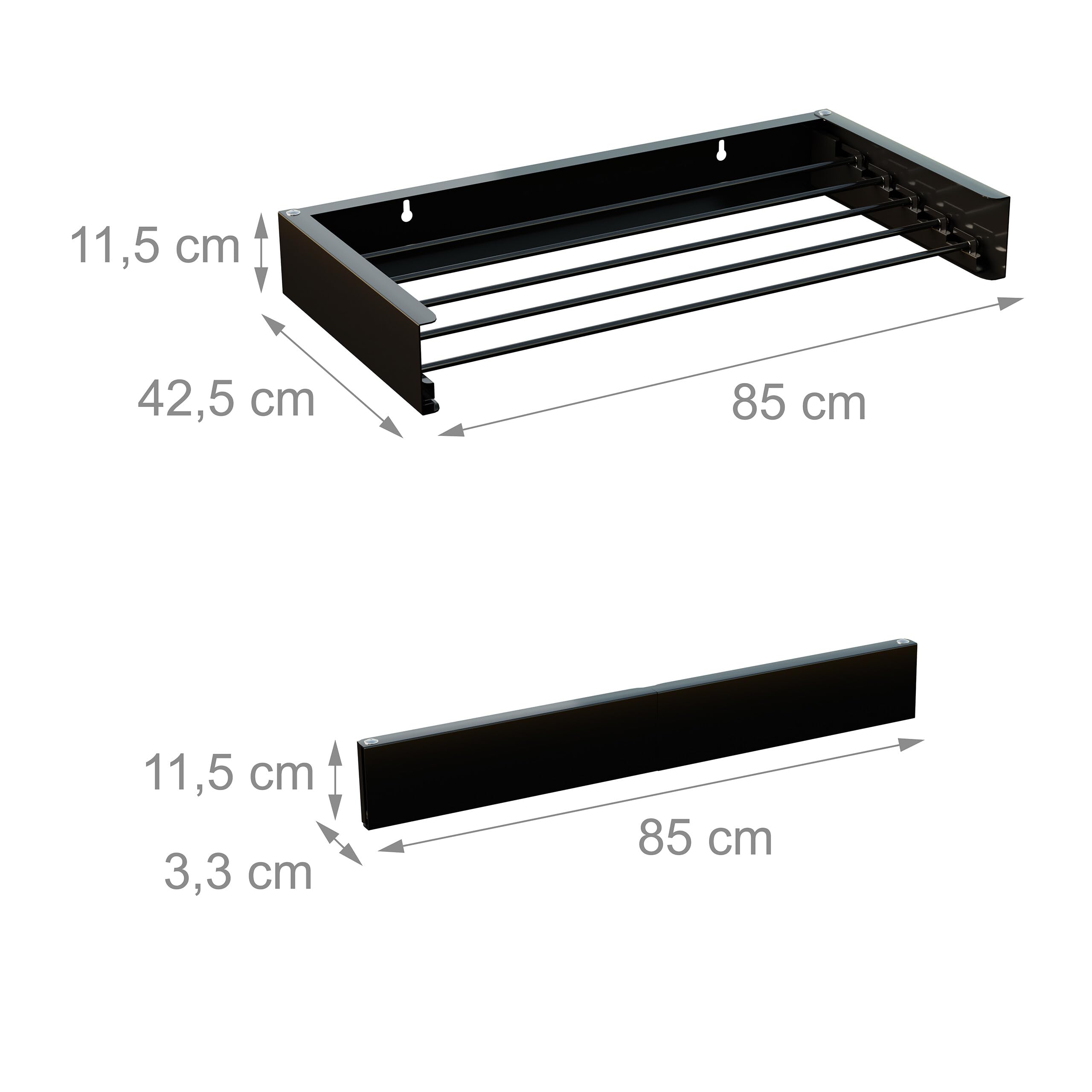 Relaxdays Stendino da Parete Pieghevole, HLP: 11,5 x 85 x 42,5 cm, Filo Asciugatura 4,15 m, Stendibiancheria, Nero