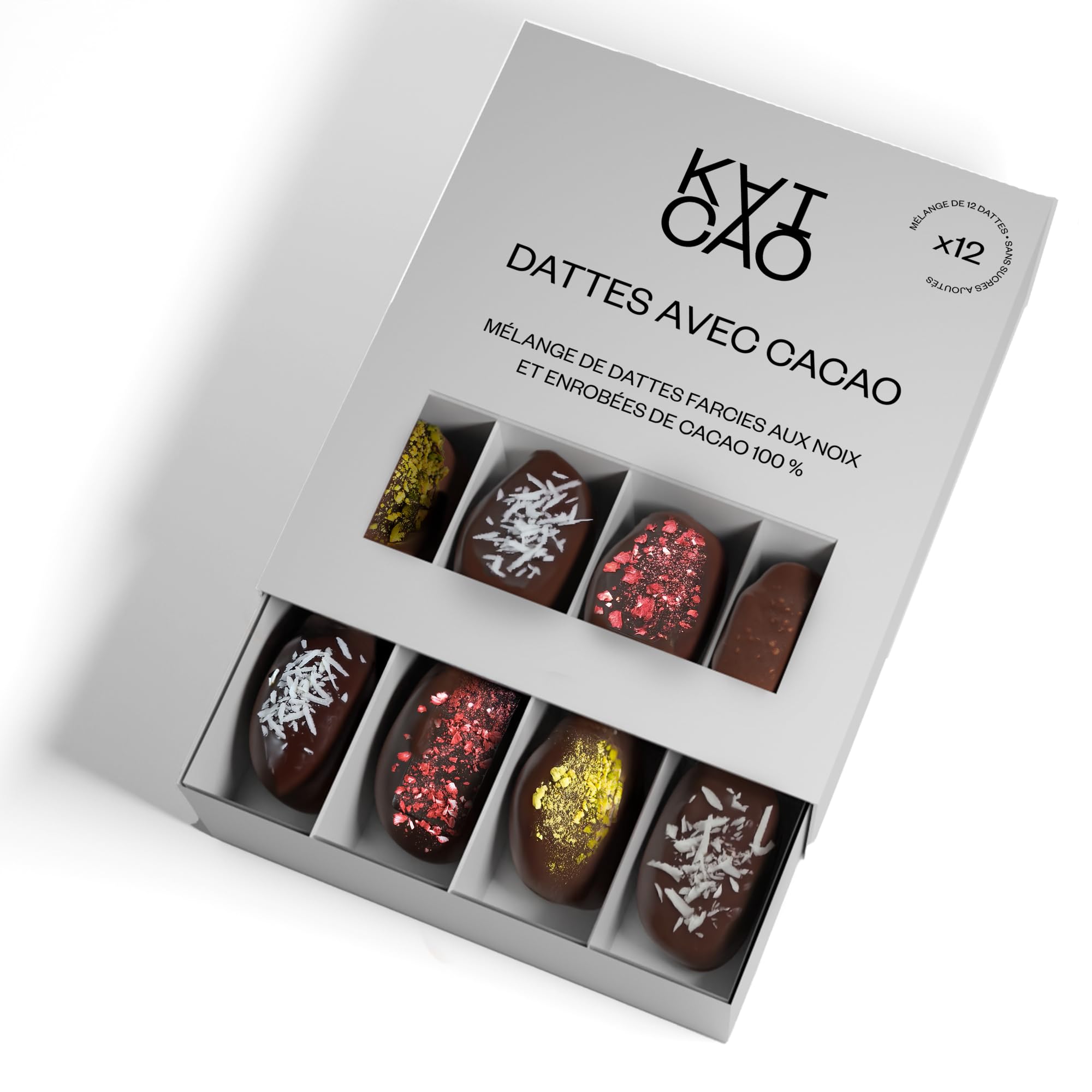 Kaicao Dattes Medjool Pack Dégustation - Noisettes, Pistaches, Noix de Cajou et Amandes - Enrobées de Chocolat 100% Cacao d’Origine Oko - Sans Sucre Ajouté - Pack de 12 Snacks Sains
