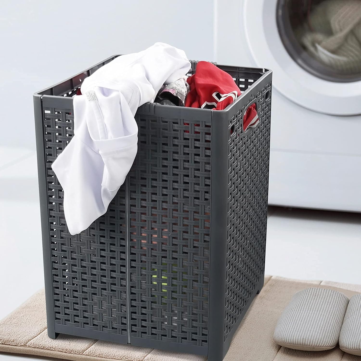 NDOLA Plastic Laundry Basket with Lid, 60L Clothes Hamper, Rattan Style Laundry Storage Bin with Handles, Foldable Dirty Clothes Organizer for Bathroom, Bedroom & Laundry Room, Grey-image-42