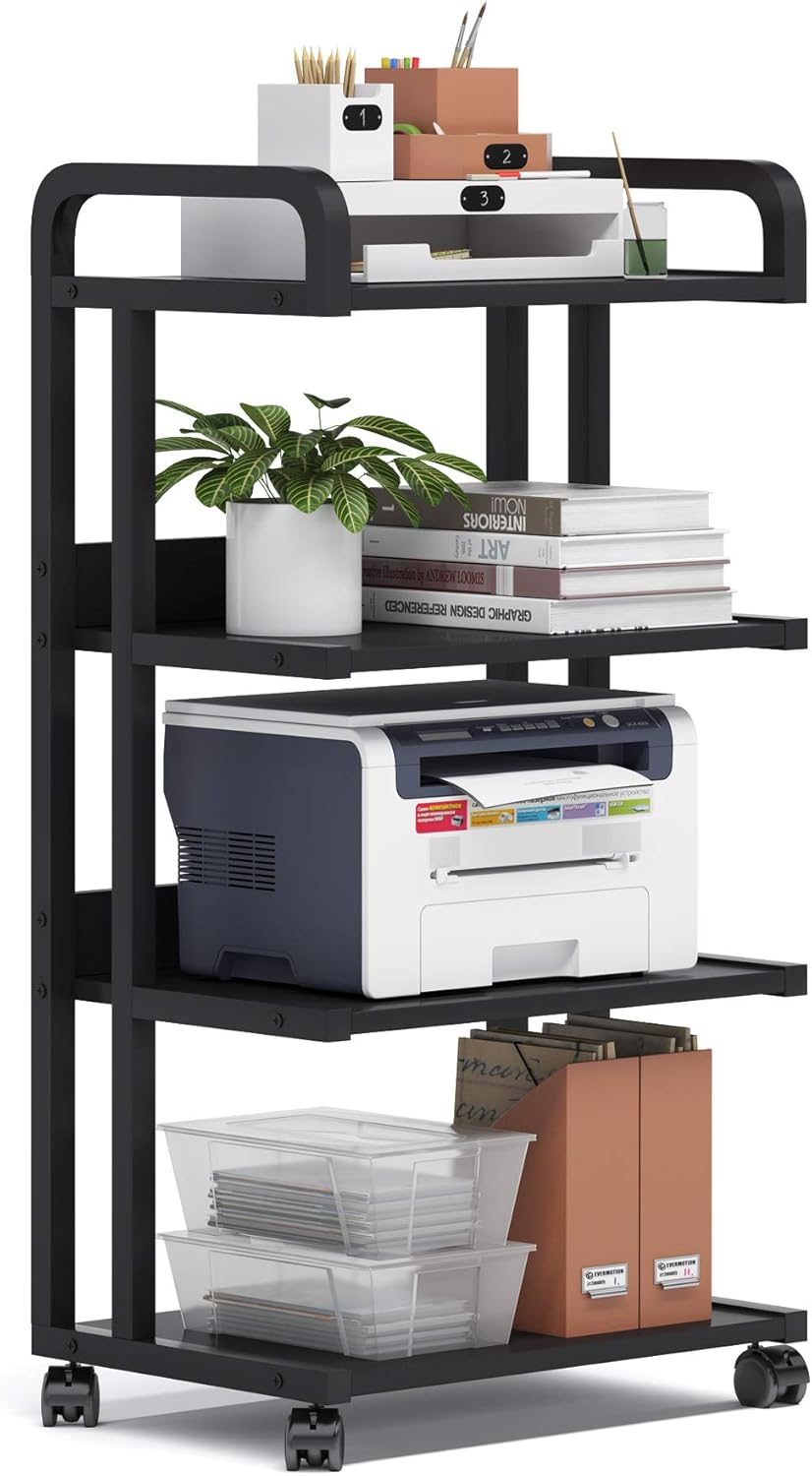 Tribesigns 4-Shelf Mobile Printer Stand with Storage Shelves, Large Printer Cart Desk Machine Stand Storage Rack with Wheels for Home Office (Black) : Office Products